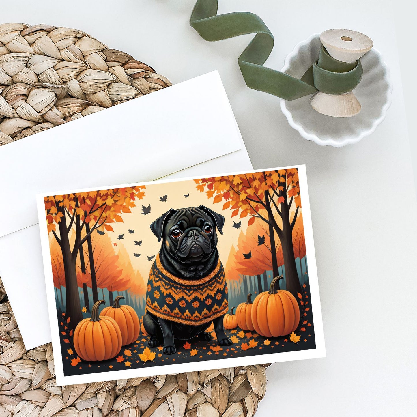 Black Pug Fall Greeting Cards Pack of 8 Blank Cards with Envelopes Whimsical A7 Size 5x7 Blank Note Cards