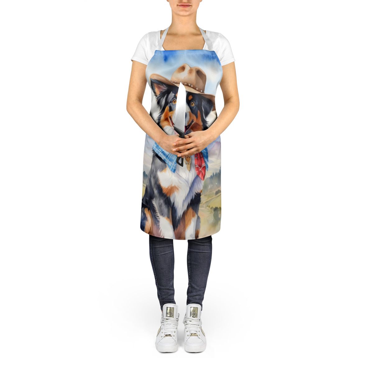 Australian Shepherd Cowboy Welcome Apron Cooking Kitchen Server Baking Crafts Gardening for Adult Women Men, Unisex, Large, Multicolor