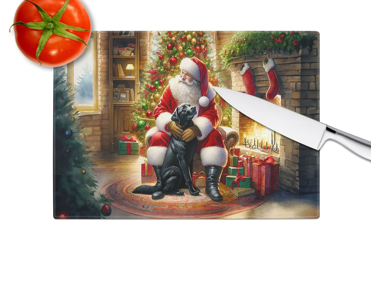 Labrador Retriever and Santa Claus Glass Cutting Board Decorative Tempered Glass Kitchen Cutting and Serving Board Large Size Chopping Board