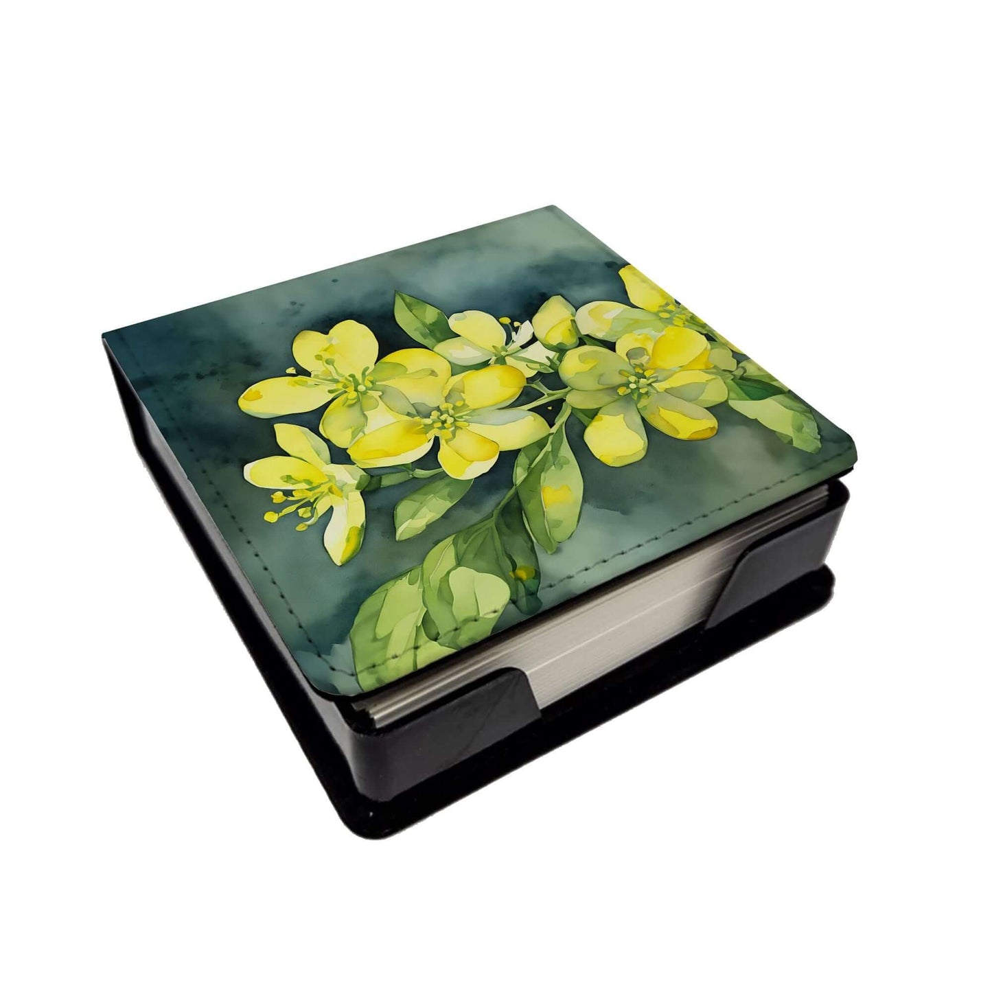 South Carolina Yellow Jessamine in Watercolor PU Leather Note Paper Holder with Artist-Designed Cover, Desk Accessory, Office Gift