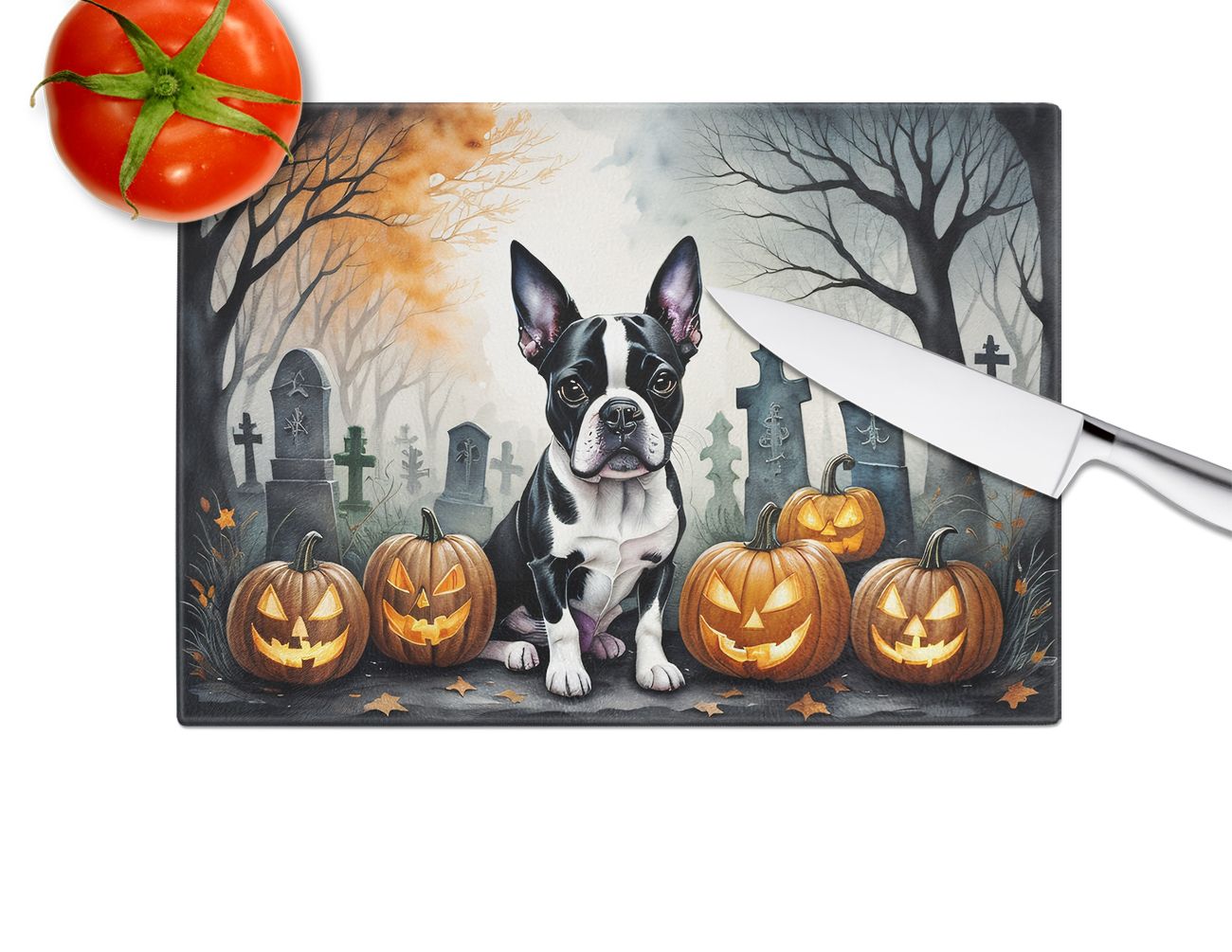 NEW Boston Terrier Spooky Halloween Glass Cutting Board Decorative Tempered Glass Kitchen Cutting and Serving Board Large Size Chopping Board