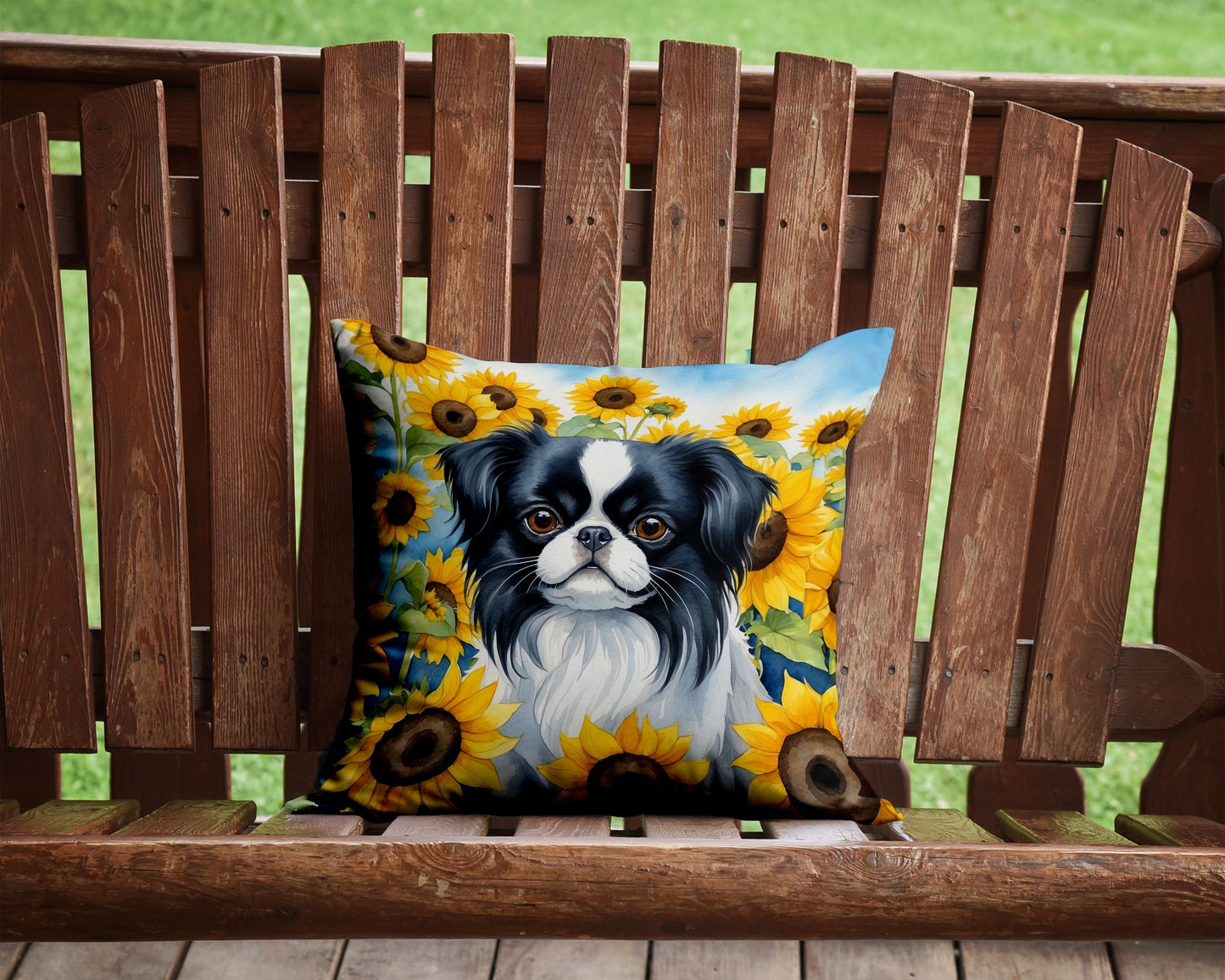 Japanese Chin in Sunflowers Throw Pillow Machine Washable, Indoor Outdoor Decorative Pillow for Couch, Bed or Patio, 14Hx14W