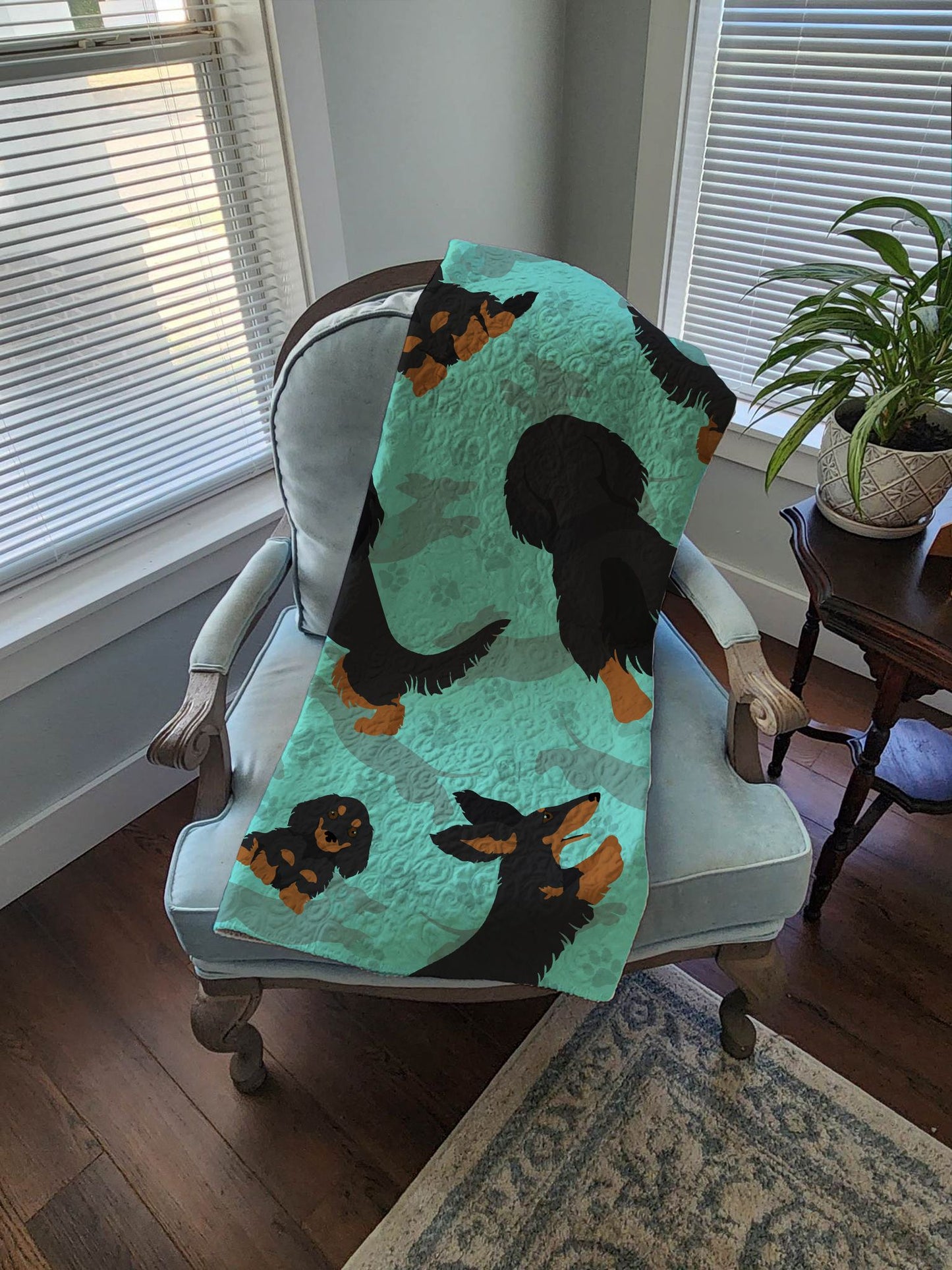Longhaired Black Tan Dachshund Quilted Blanket 50x60 Artwork Pattern Quilted Throw Blanket for Bed, Couch, Sofa, Soft and Lightweight