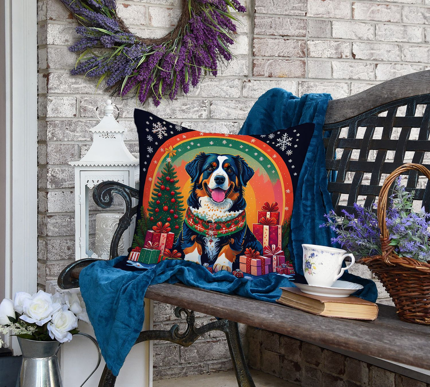 Bernese Mountain Dog Christmas Throw Pillow Machine Washable, Indoor Outdoor Decorative Pillow for Couch, Bed or Patio, 18Hx18W