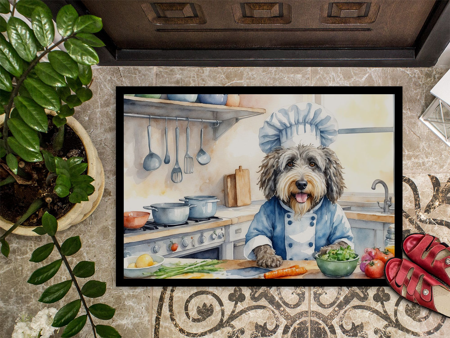 Bergamasco Sheepdog The Chef Doormat Front Door Mat Indoor Outdoor Rugs for Entryway, Non Slip Washable Low Pile, 24H X 36W