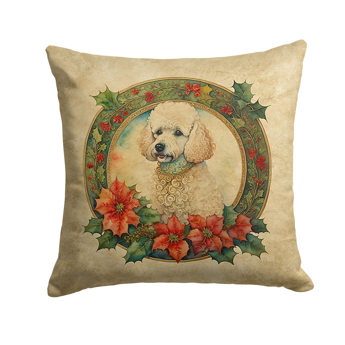 Poodle Christmas Flowers Throw Pillow Machine Washable, Indoor Outdoor Decorative Pillow for Couch, Bed or Patio, 14Hx14W