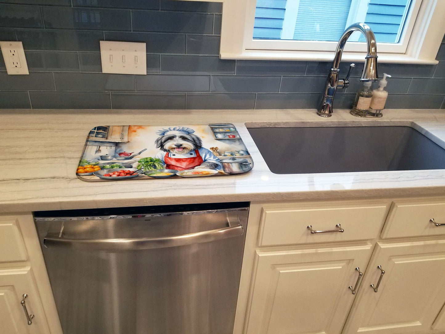 Bearded Collie The Chef Dish Drying Mat Absorbent Dish Drying Mat Pad for Kitchen Counter Dish Drainer Mat for Countertop, 14 x 21", Multicolor