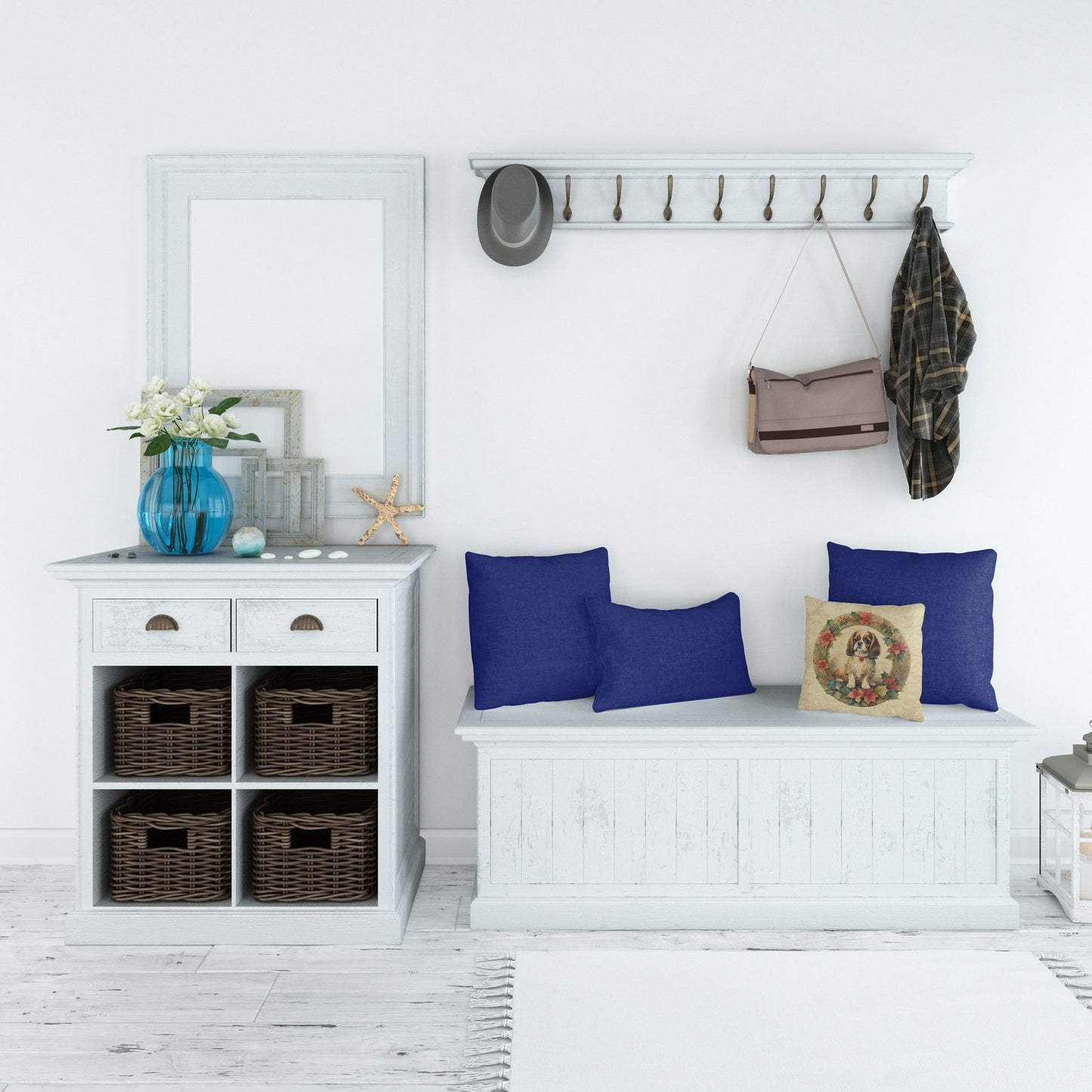 English Toy Spaniel Christmas Flowers Throw Pillow Machine Washable, Indoor Outdoor Decorative Pillow for Couch, Bed or Patio, 14Hx14W