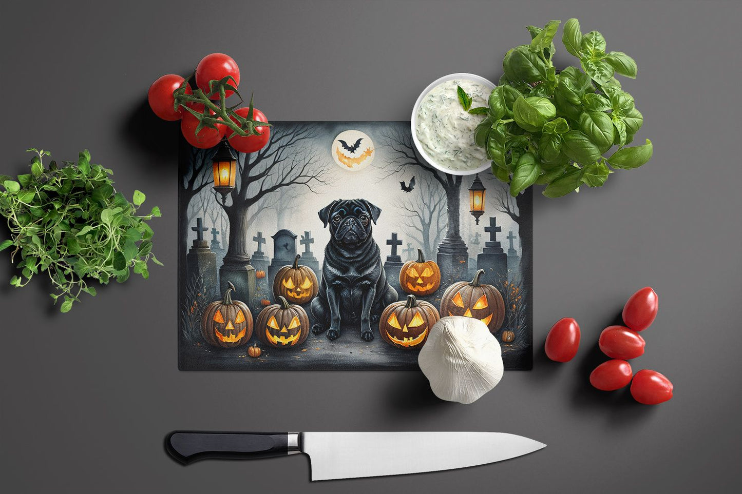 NEW Black Pug Spooky Halloween Glass Cutting Board Decorative Tempered Glass Kitchen Cutting and Serving Board Large Size Chopping Board