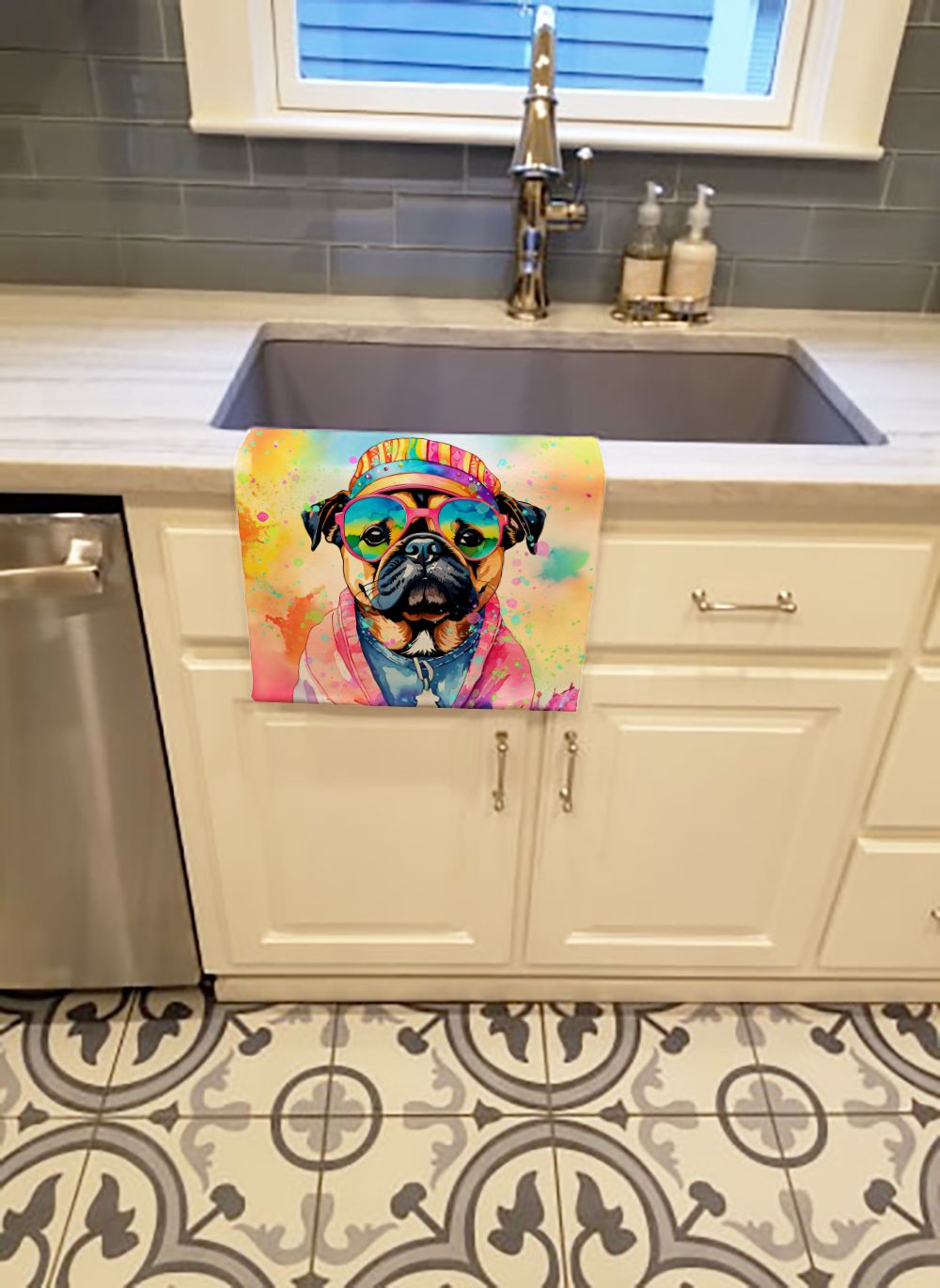 Pug Hippie Dawg Kitchen Towel Dish Cloths Guest Hand Towel Decorative Bathroom Towel for Face,Tea, Dishcloth, Kitchen and Bath