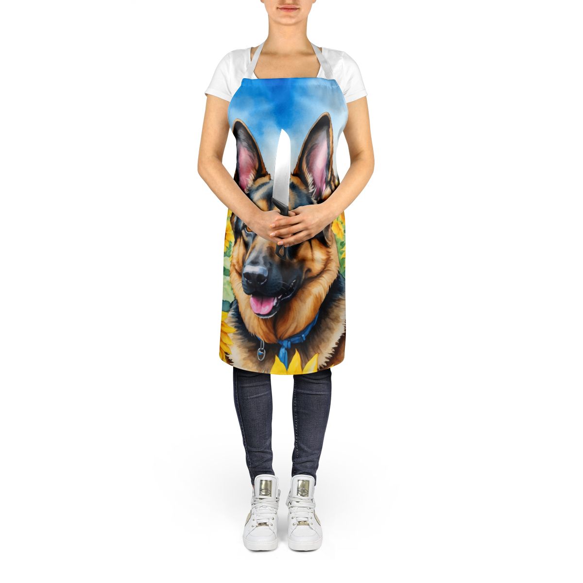German Shepherd in Sunflowers Apron Cooking Kitchen Server Baking Crafts Gardening for Adult Women Men, Unisex, Large, Multicolor