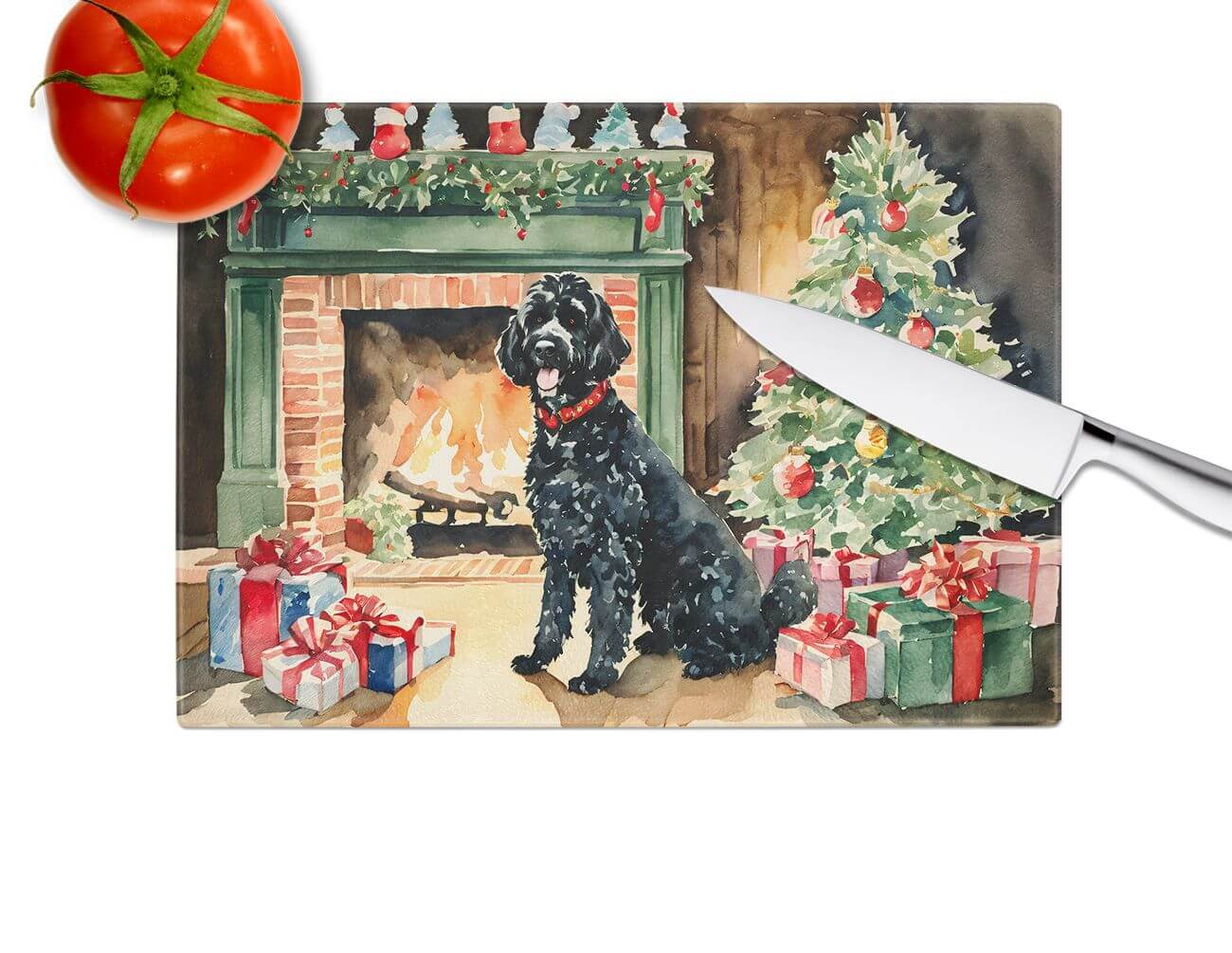 NEW Portuguese Water Dog Cozy Christmas Glass Cutting Board Decorative Tempered Glass Kitchen Cutting and Serving Board Large Size Chopping Board
