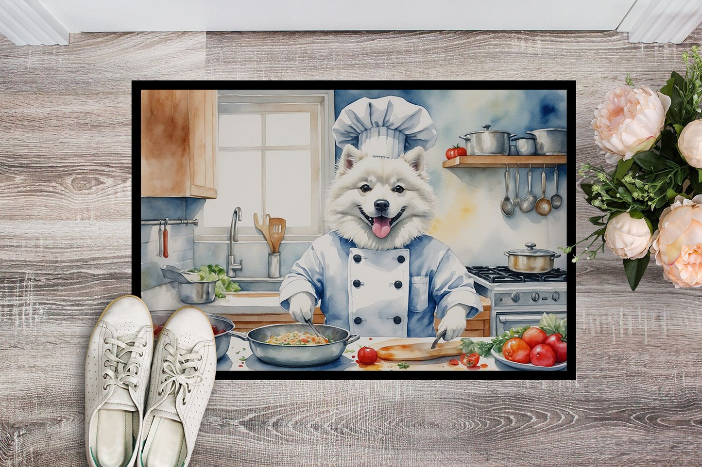 American Eskimo The Chef Doormat Front Door Mat Indoor Outdoor Rugs for Entryway, Non Slip Washable Low Pile, 24H X 36W