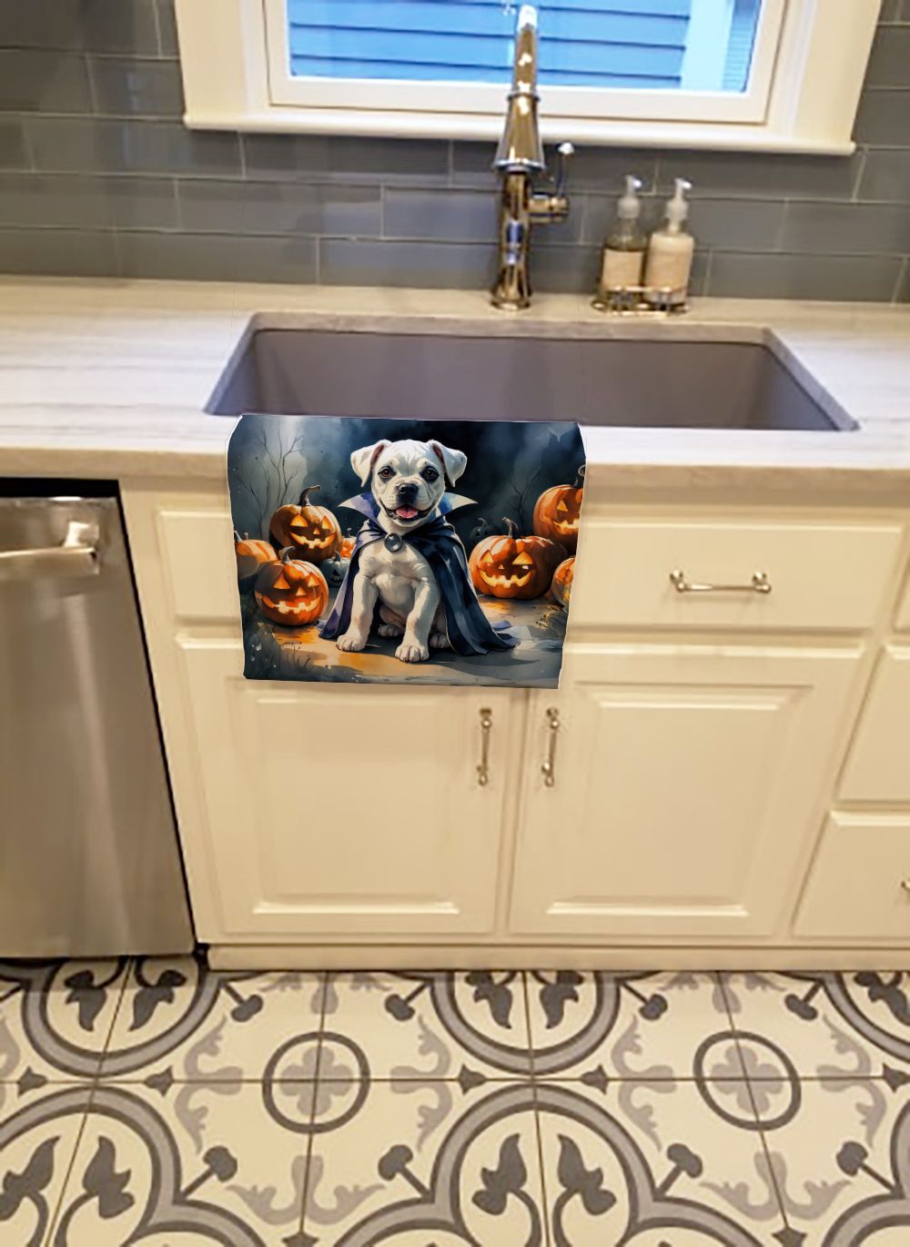 White Boxer Puppy Halloween Kitchen Towel Dish Cloths Guest Hand Towel Decorative Bathroom Towel for Face,Tea, Dishcloth, Kitchen and Bath
