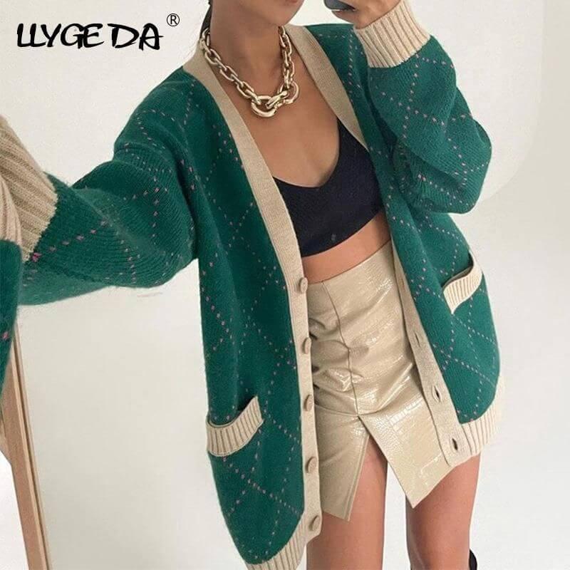 Oversized Argyle Cardigan Women Sweater Loose V-Neck Knitted Long Sleeve Y2K Sweaters Female 2021 Autumn Vintage Lady Basic Top - Clothes For Her Online Store