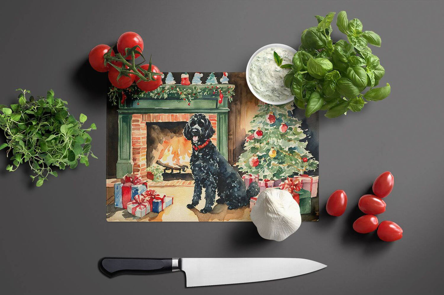 NEW Portuguese Water Dog Cozy Christmas Glass Cutting Board Decorative Tempered Glass Kitchen Cutting and Serving Board Large Size Chopping Board
