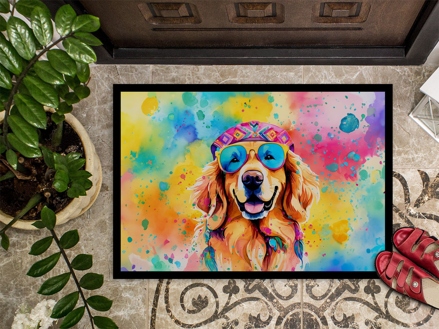 NEW Golden Retriever Hippie Dawg Doormat Front Door Mat Indoor Outdoor Rugs for Entryway, Non Slip Washable Low Pile, 18H X 27W