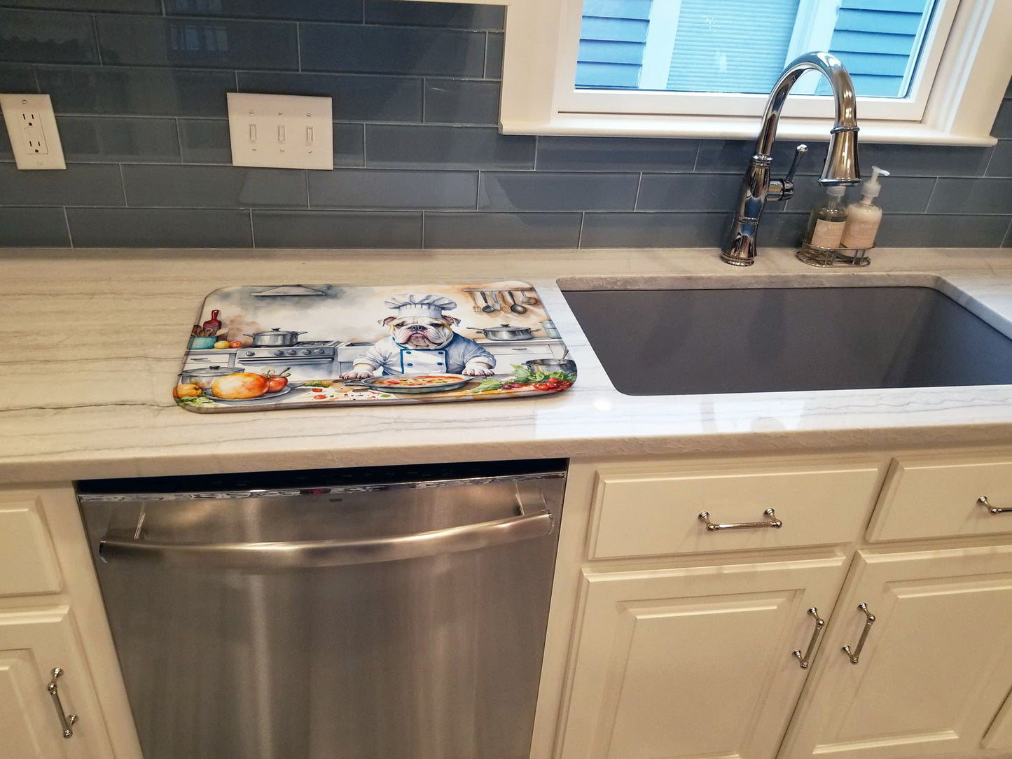English Bulldog The Chef Dish Drying Mat Absorbent Dish Drying Mat Pad for Kitchen Counter Dish Drainer Mat for Countertop, 14 x 21", Multicolor