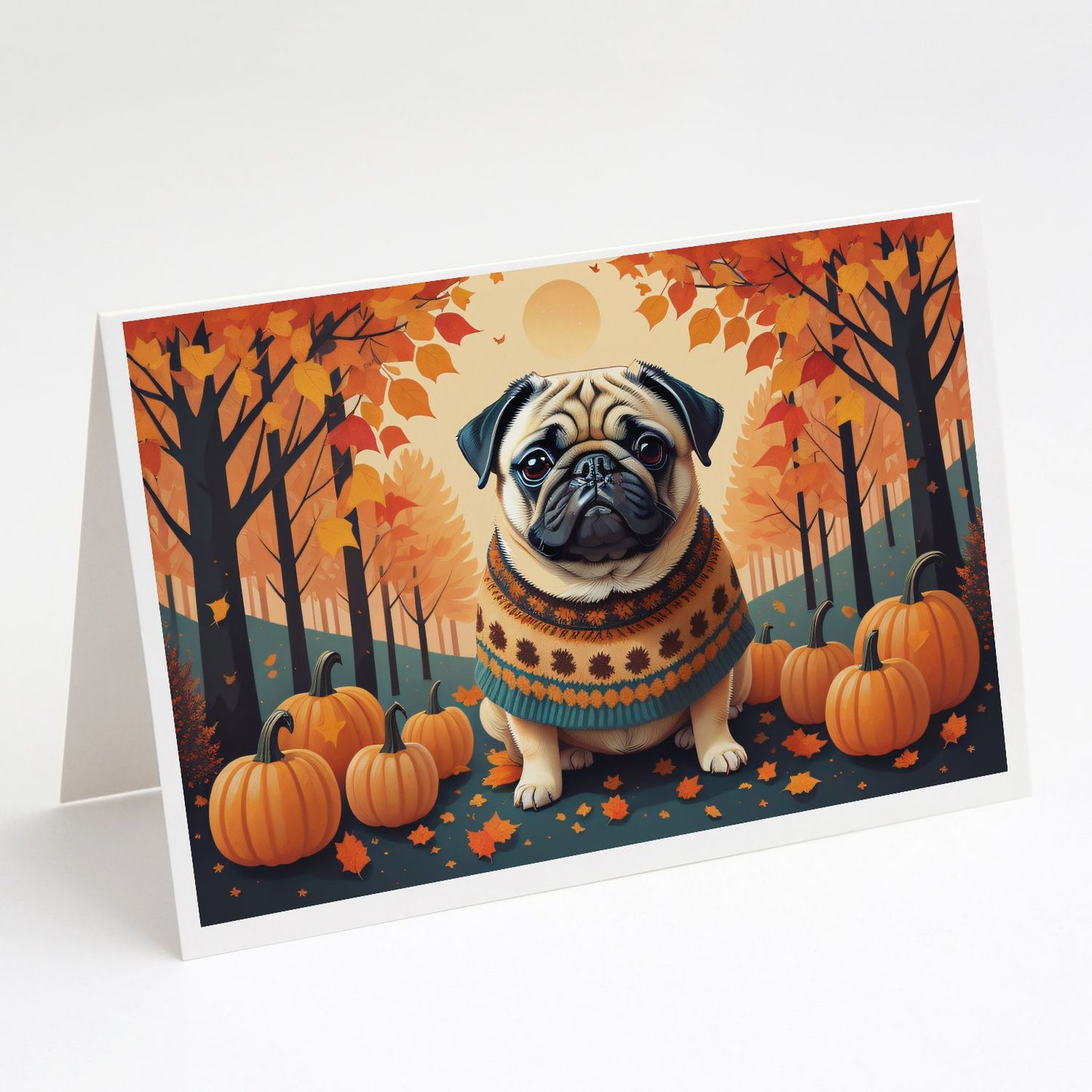 Fawn Pug Fall Greeting Cards Pack of 8 Blank Cards with Envelopes Whimsical A7 Size 5x7 Blank Note Cards