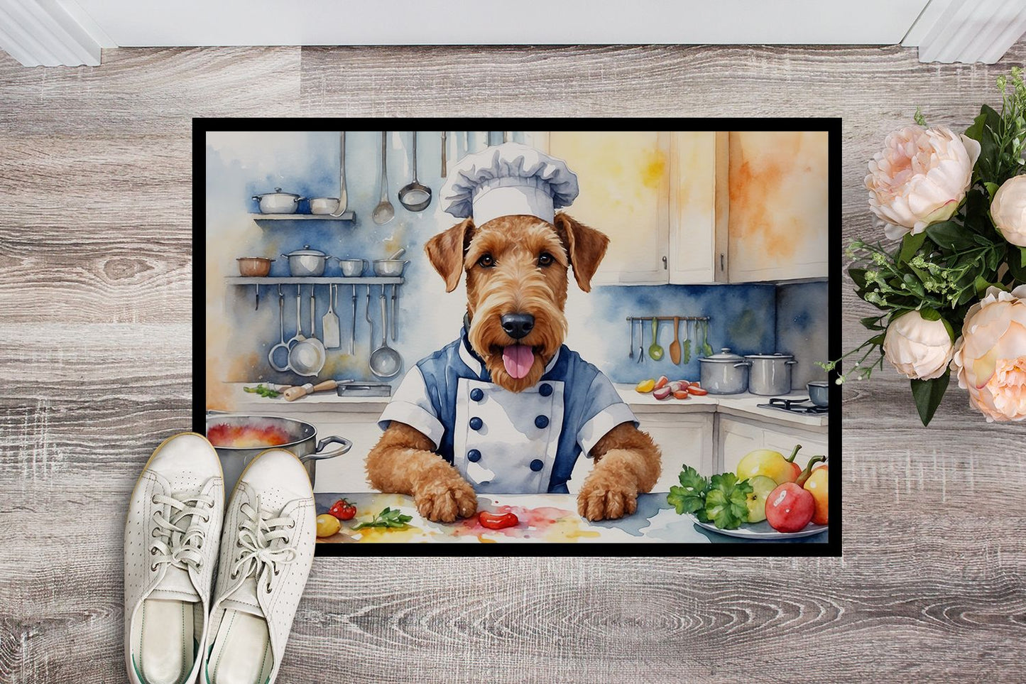 Airedale Terrier The Chef Doormat Front Door Mat Indoor Outdoor Rugs for Entryway, Non Slip Washable Low Pile, 24H X 36W