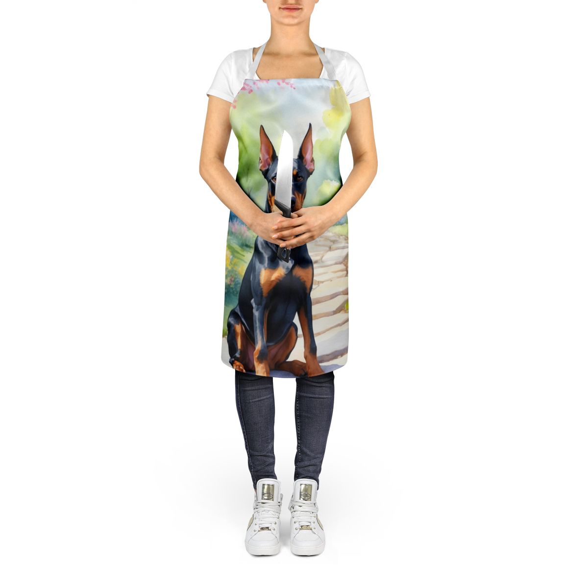 Doberman Pinscher Spring Path Apron Cooking Kitchen Server Baking Crafts Gardening for Adult Women Men, Unisex, Large, Multicolor