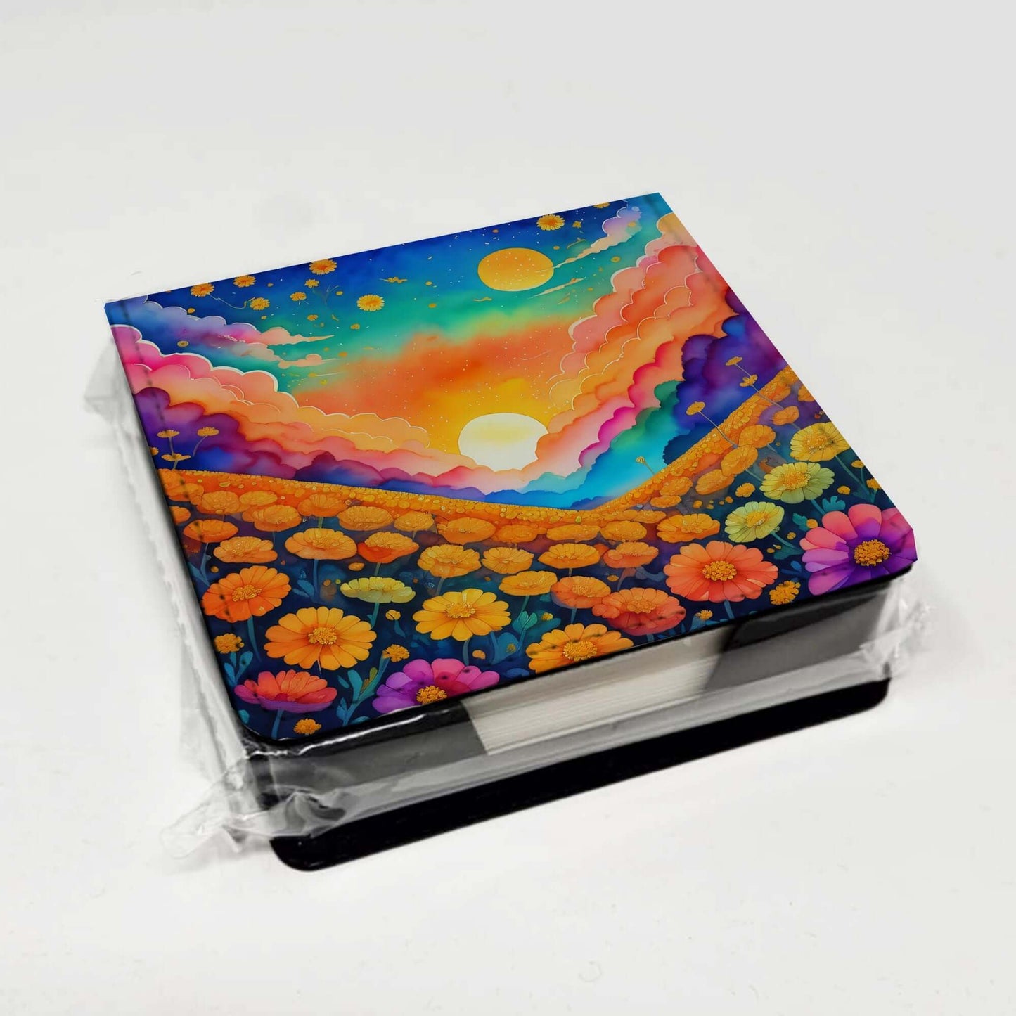 Colorful Marigolds PU Leather Note Paper Holder with Artist-Designed Cover, Desk Accessory, Office Gift