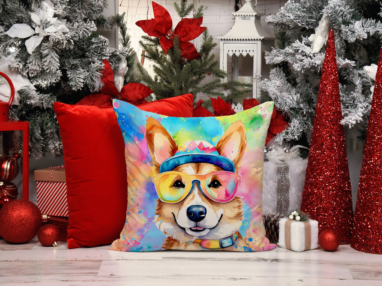 Corgi Hippie Dawg Throw Pillow Machine Washable, Indoor Outdoor Decorative Pillow for Couch, Bed or Patio, 14Hx14W