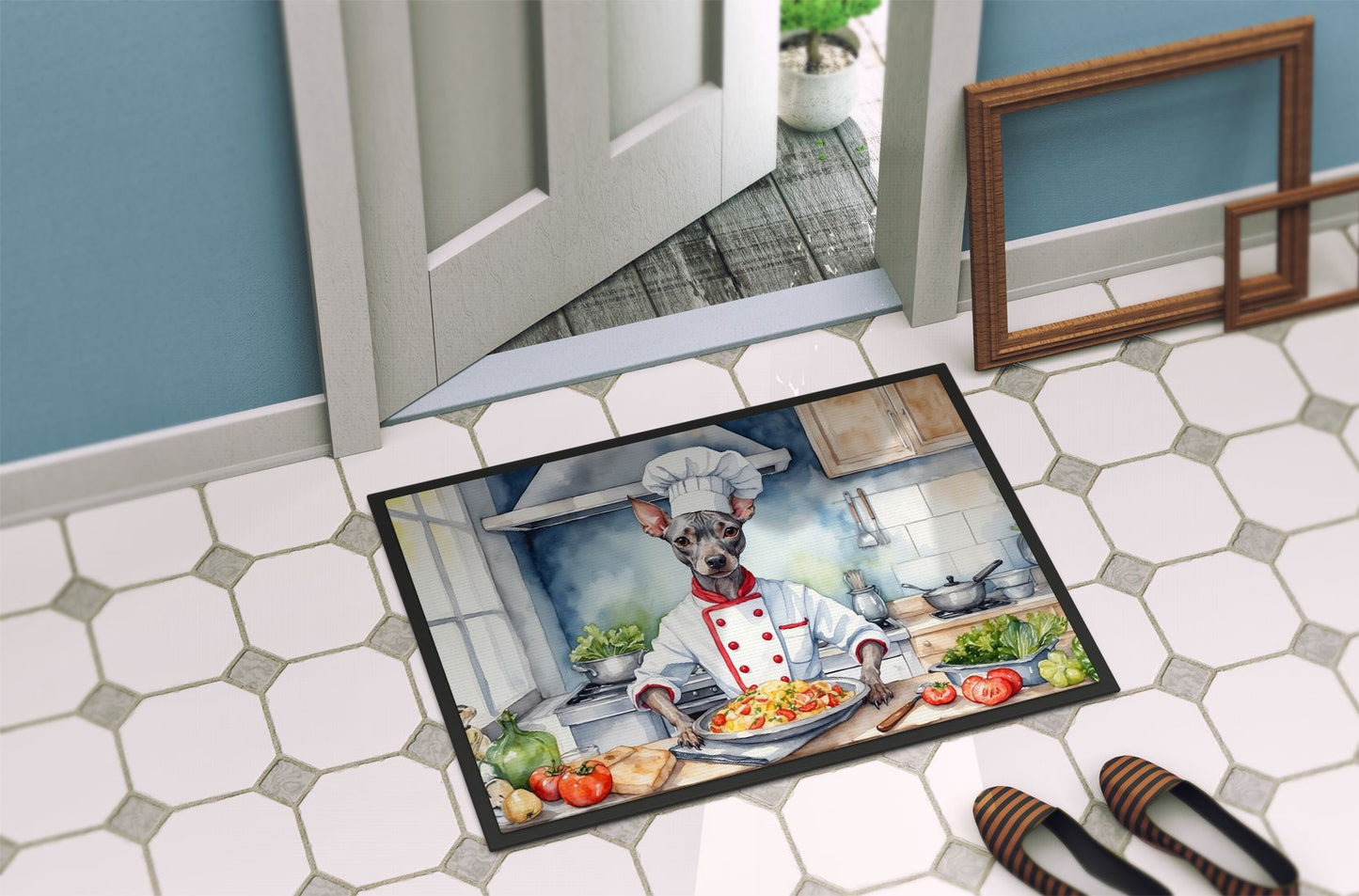American Hairless Terrier The Chef Doormat Front Door Mat Indoor Outdoor Rugs for Entryway, Non Slip Washable Low Pile, 24H X 36W