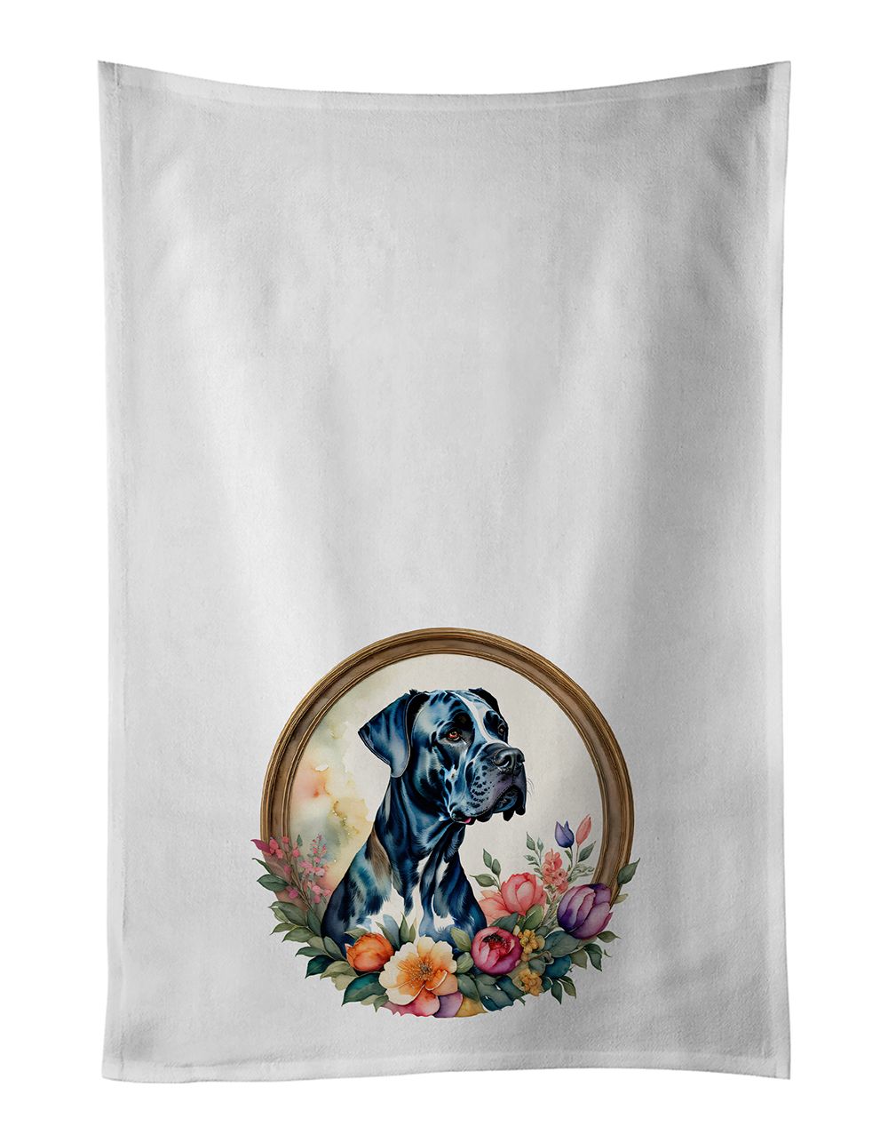 Great Dane and Flowers Kitchen Towel Set of 2 White Dish Towels Decorative Bathroom Hand towel for Hand, Face, Hair, Yoga, Tea, Dishcloth, 19 X 28", White
