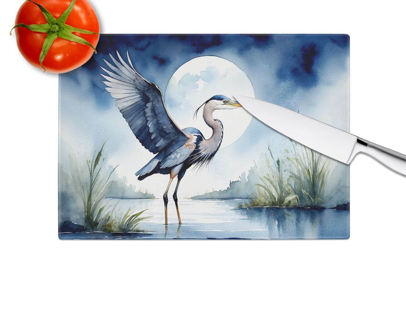 Blue Heron Under the Moonlight Glass Cutting Board Decorative Tempered Glass Kitchen Cutting and Serving Board Large Size Chopping Board