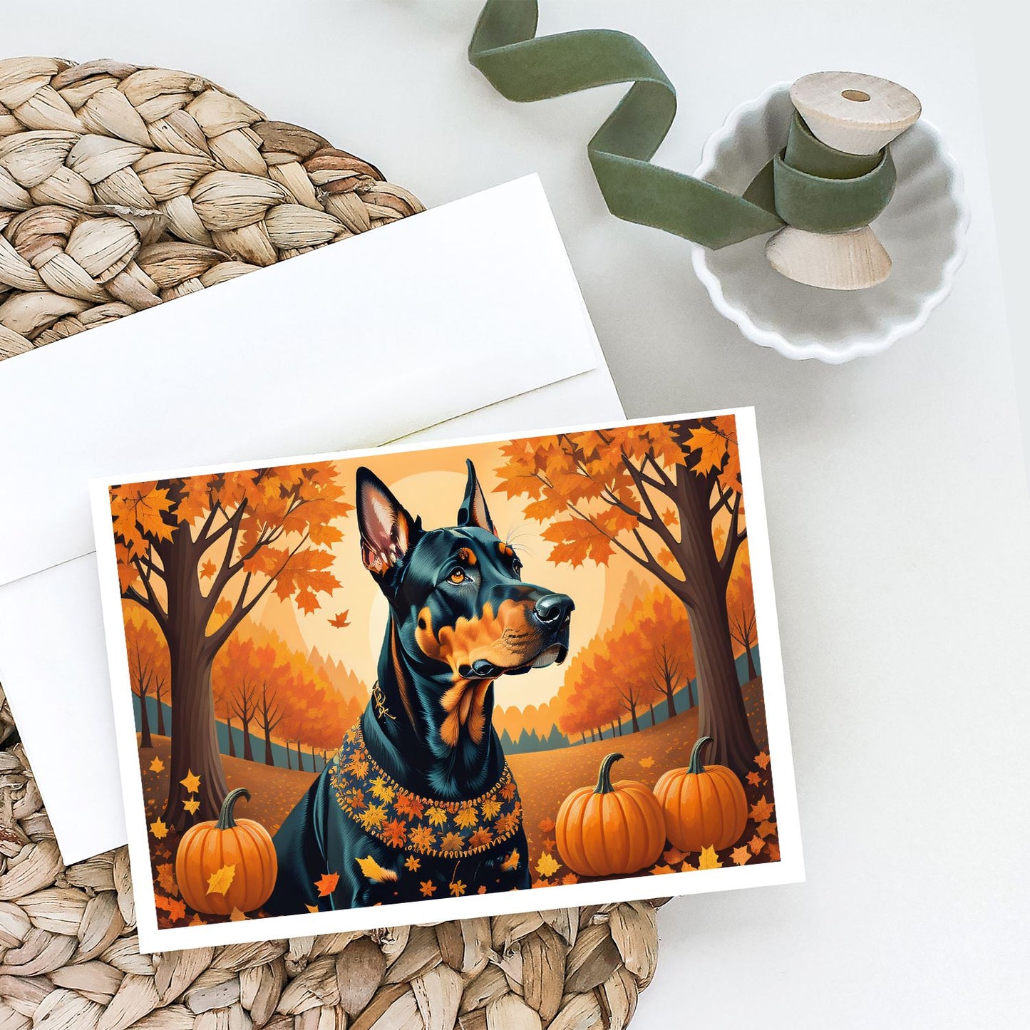 Doberman Pinscher Fall Greeting Cards Pack of 8 Blank Cards with Envelopes Whimsical A7 Size 5x7 Blank Note Cards