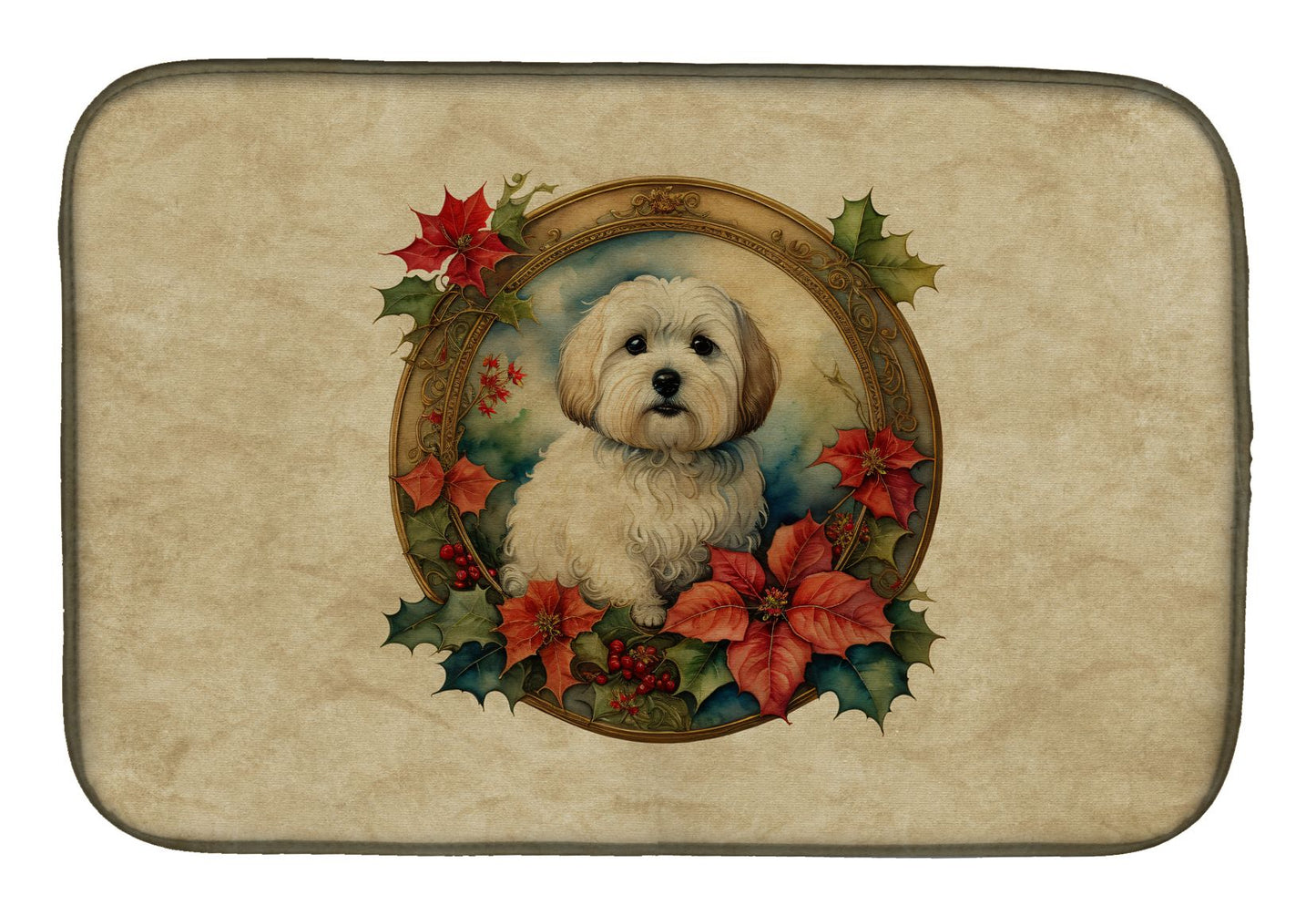 Coton De Tulear Christmas Flowers Dish Drying Mat Absorbent Dish Drying Mat Pad for Kitchen Counter Dish Drainer Mat for Countertop, 14 x 21", Multicolor