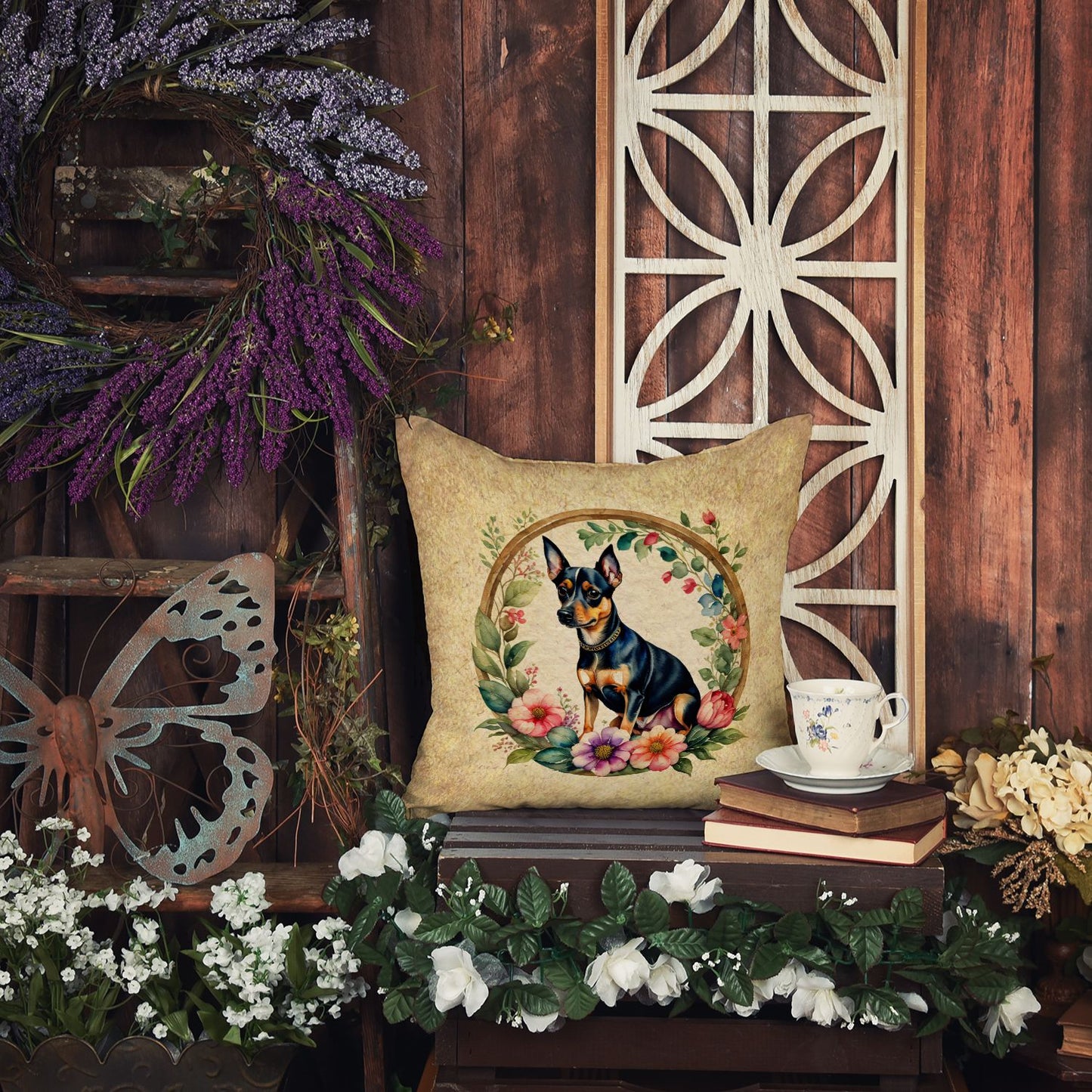 Miniature Pinscher and Flowers Throw Pillow Machine Washable, Indoor Outdoor Decorative Pillow for Couch, Bed or Patio, 14Hx14W