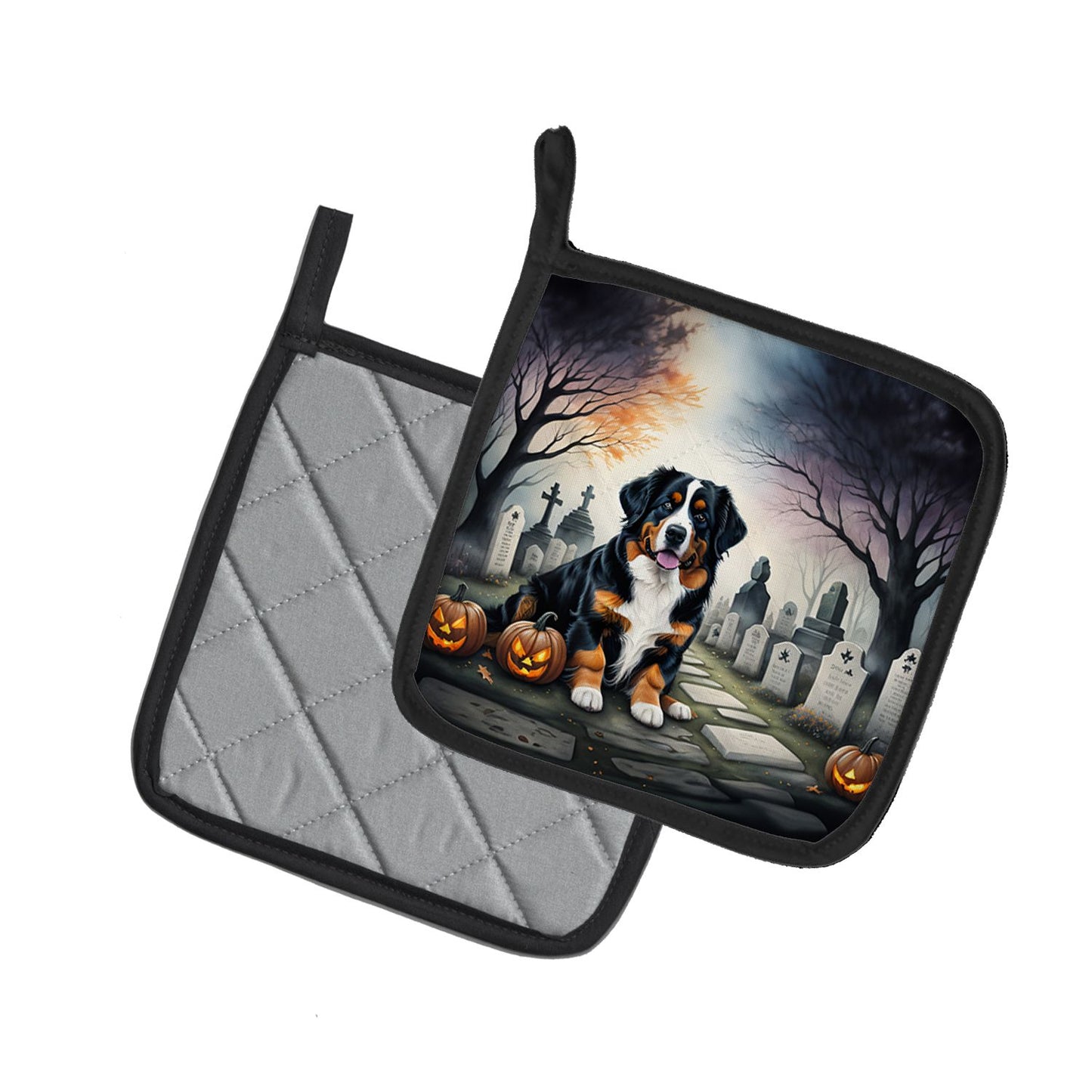 Bernese Mountain Dog Spooky Halloween Pair of Pot Holders Kitchen Heat Resistant Pot Holders Sets Oven Hot Pads for Cooking Baking BBQ, 7 1/2 x 7 1/2