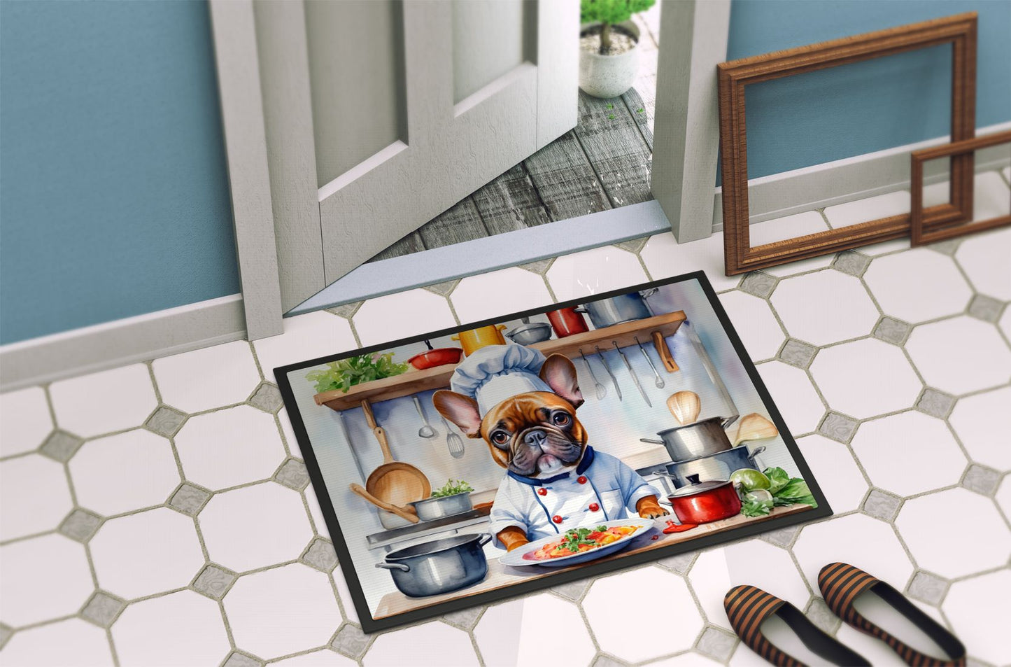 French Bulldog The Chef Doormat Front Door Mat Indoor Outdoor Rugs for Entryway, Non Slip Washable Low Pile, 24H X 36W