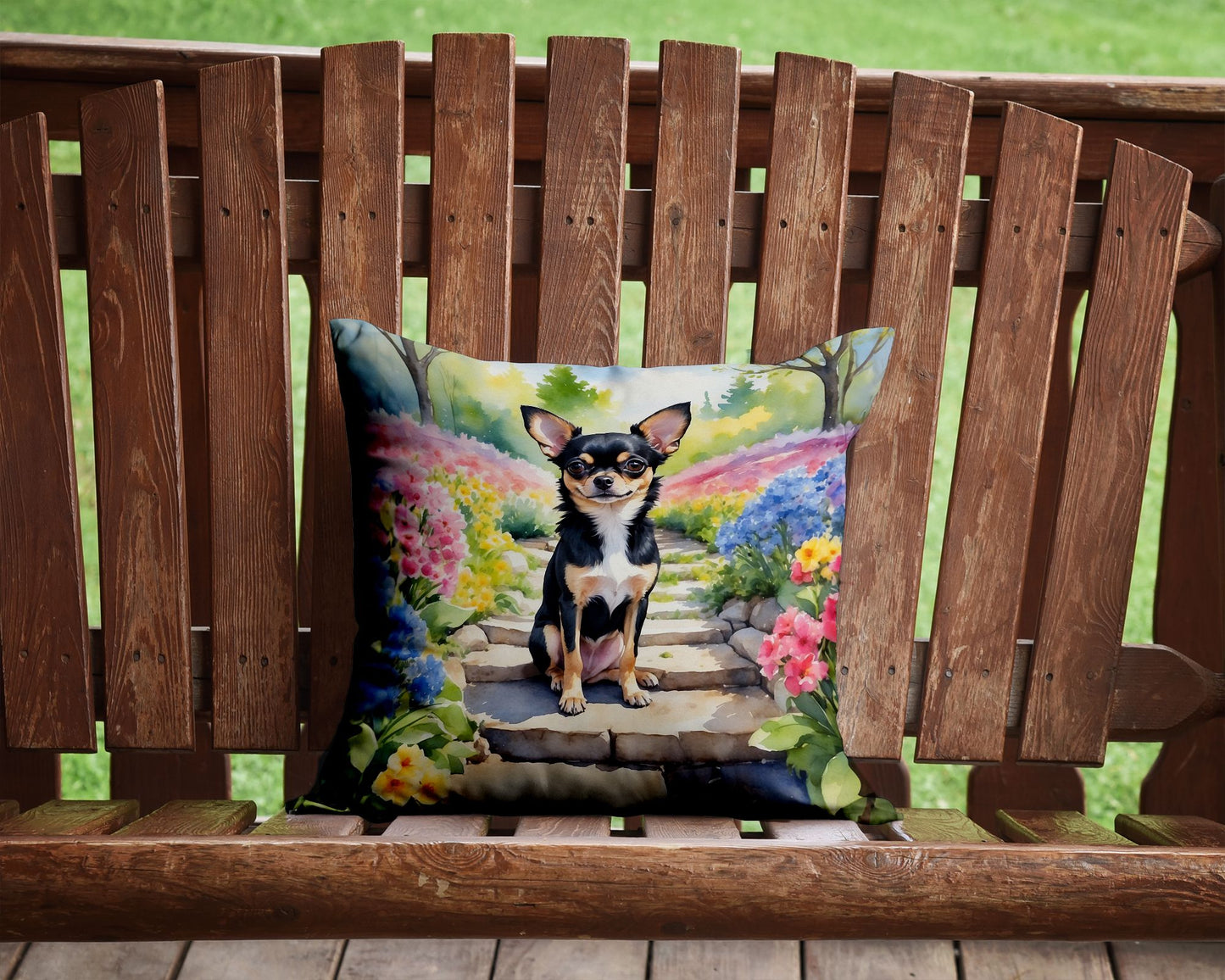 Chihuahua Spring Path Throw Pillow Machine Washable, Indoor Outdoor Decorative Pillow for Couch, Bed or Patio, 14Hx14W
