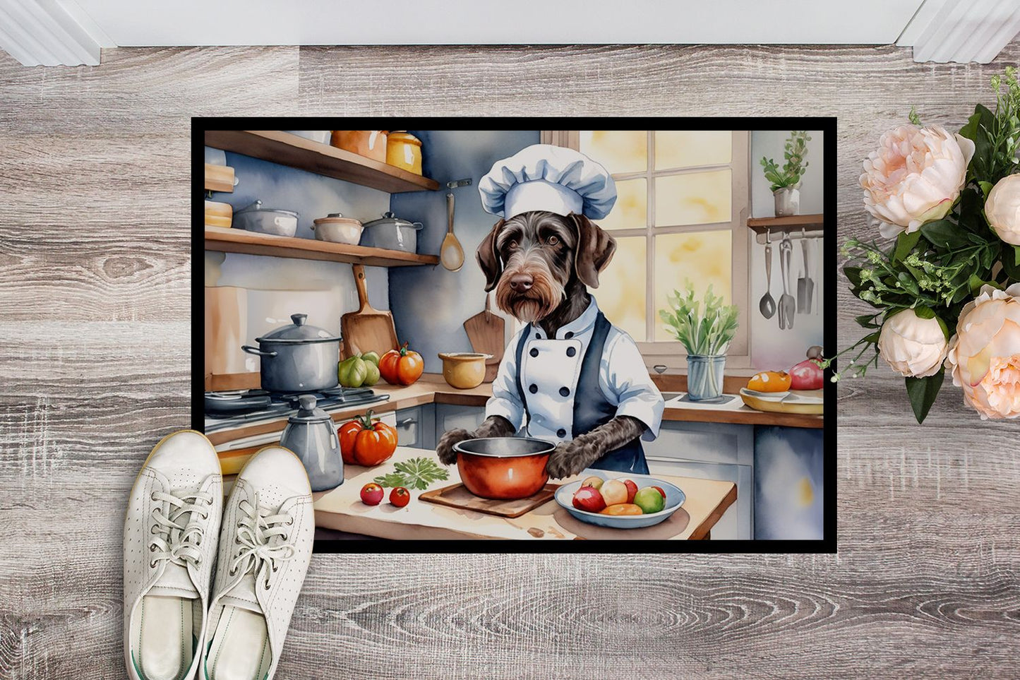 German Wirehaired Pointer The Chef Doormat Front Door Mat Indoor Outdoor Rugs for Entryway, Non Slip Washable Low Pile, 24H X 36W