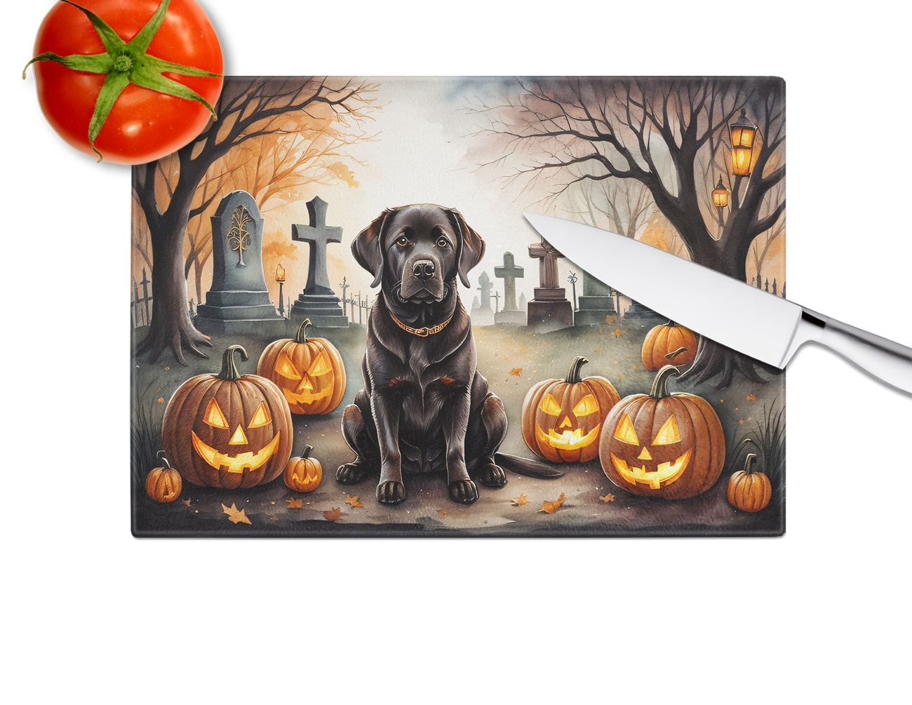NEW Chocolate Labrador Retriever Spooky Halloween Glass Cutting Board Decorative Tempered Glass Kitchen Cutting and Serving Board Large Size Chopping Board