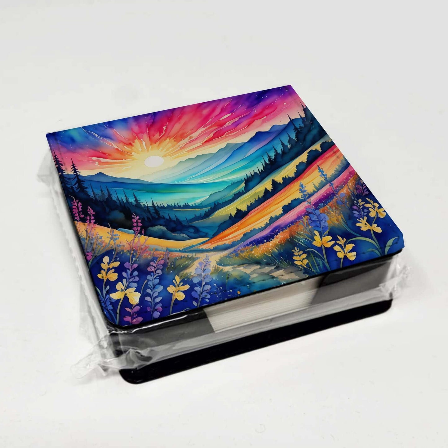 Colorful Annual Larkspur PU Leather Note Paper Holder with Artist-Designed Cover, Desk Accessory, Office Gift