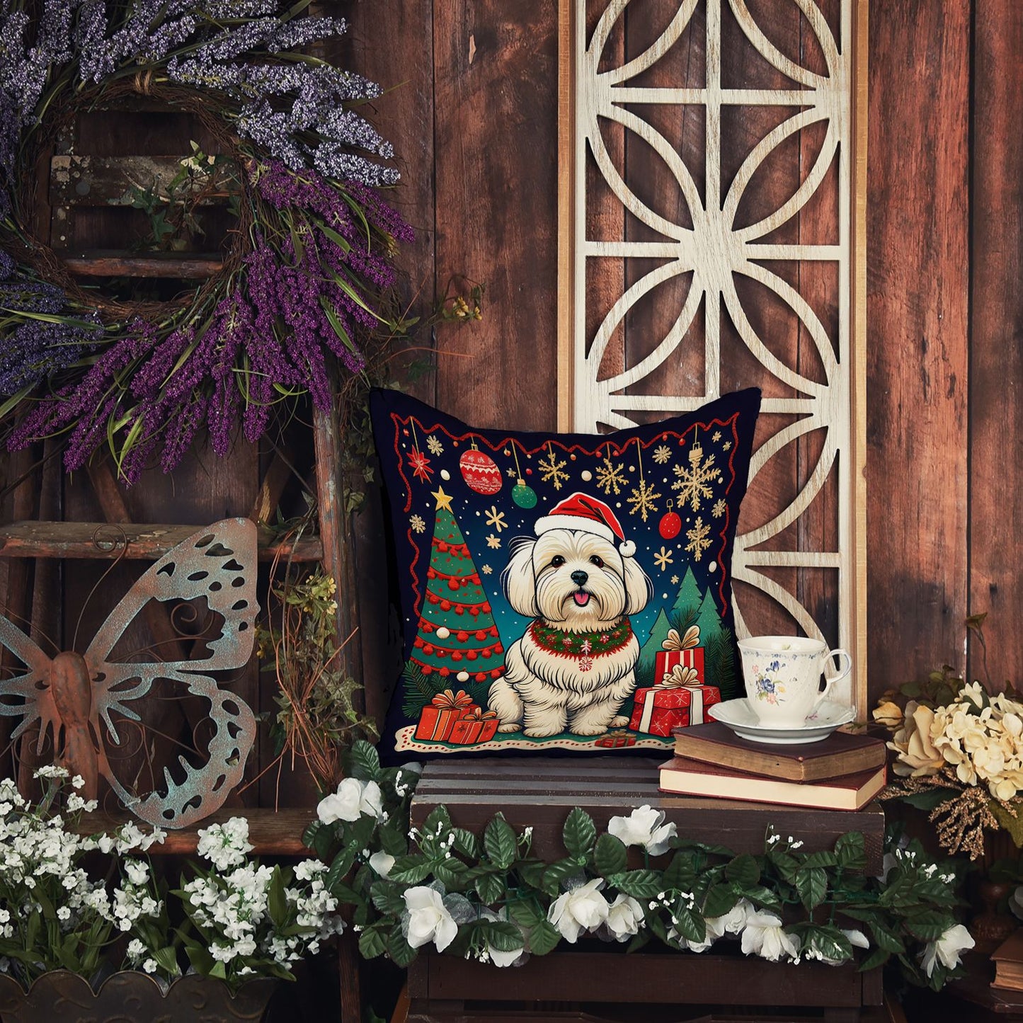 Coton De Tulear Christmas Throw Pillow Machine Washable, Indoor Outdoor Decorative Pillow for Couch, Bed or Patio, 14Hx14W