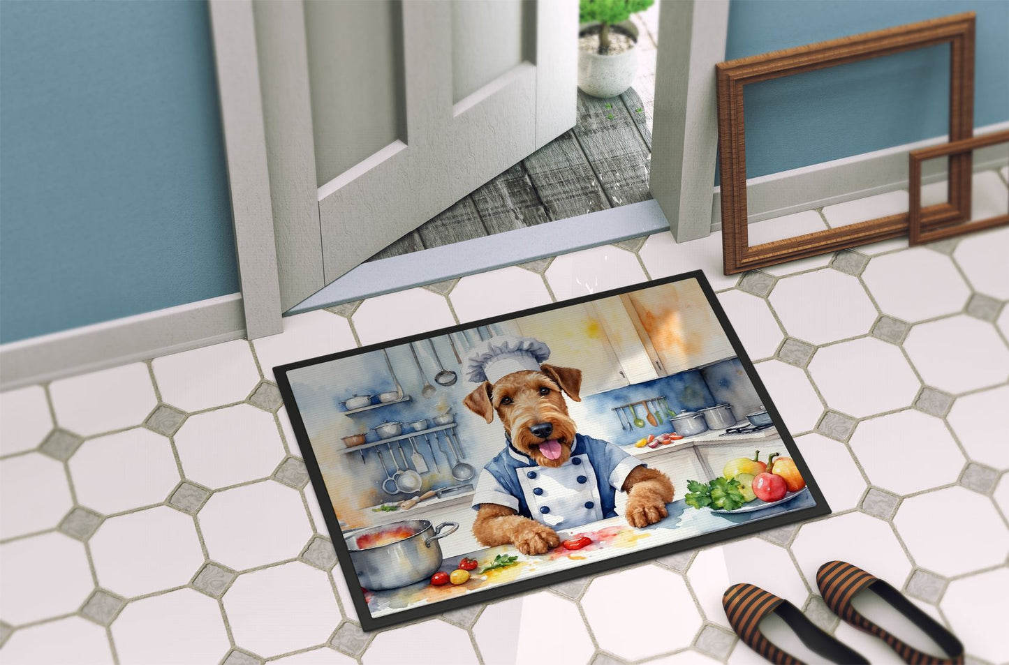 Airedale Terrier The Chef Doormat Front Door Mat Indoor Outdoor Rugs for Entryway, Non Slip Washable Low Pile, 24H X 36W