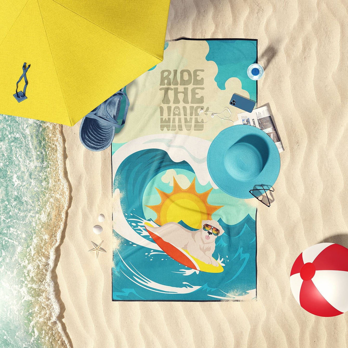 Surfer Dog Wheaten Terrier Premium Beach Towel Oversized Towel Beach Blanket, Pool, Beach Essentials, Yoga, Premium Bath Towel, Quick Dry Plush