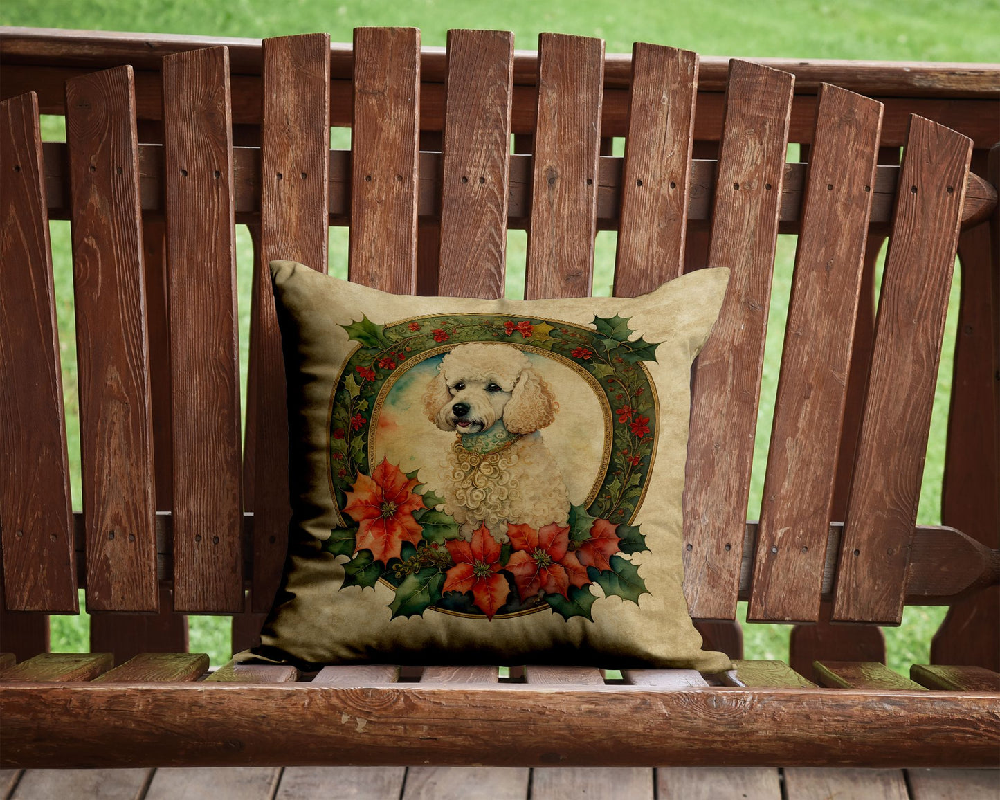 Poodle Christmas Flowers Throw Pillow Machine Washable, Indoor Outdoor Decorative Pillow for Couch, Bed or Patio, 14Hx14W