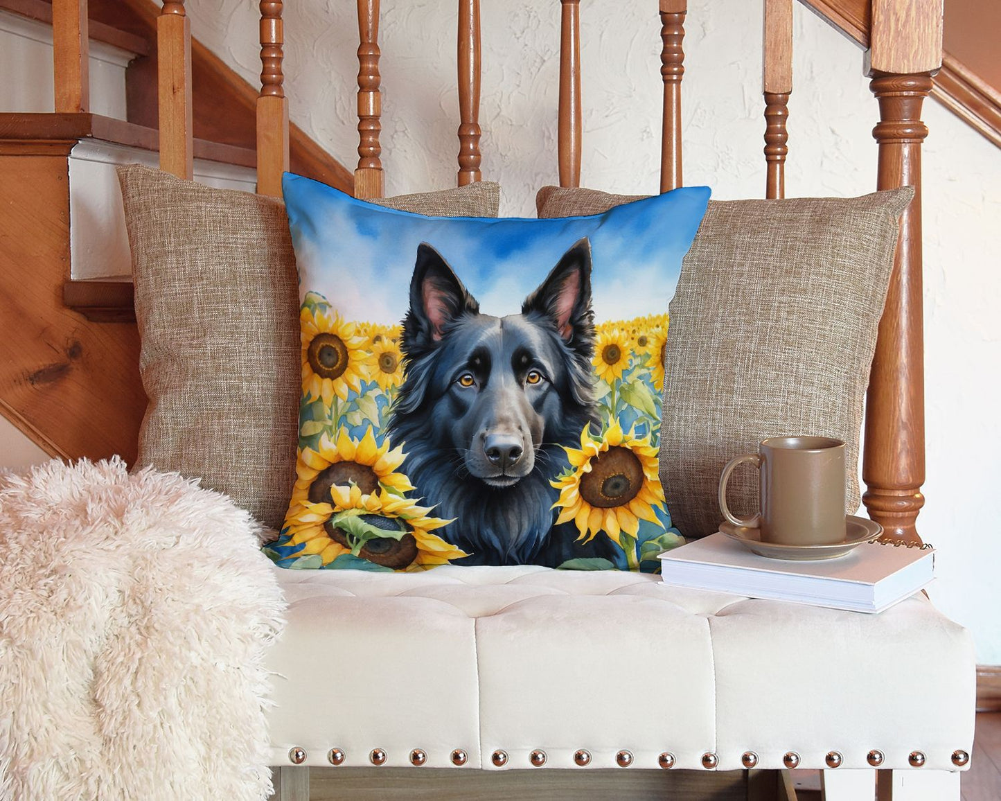 Belgian Sheepdog in Sunflowers Throw Pillow Machine Washable, Indoor Outdoor Decorative Pillow for Couch, Bed or Patio, 14Hx14W