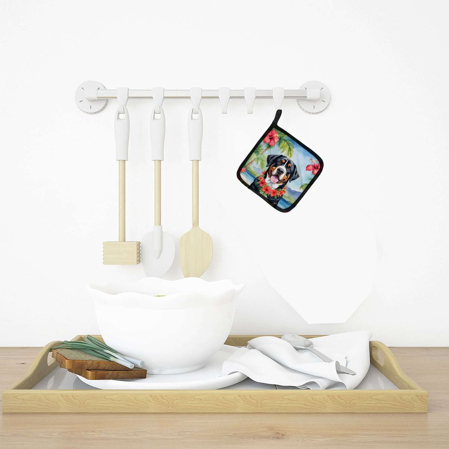 Greater Swiss Mountain Dog Luau Pair of Pot Holders Kitchen Heat Resistant Pot Holders Sets Oven Hot Pads for Cooking Baking BBQ, 7 1/2 x 7 1/2