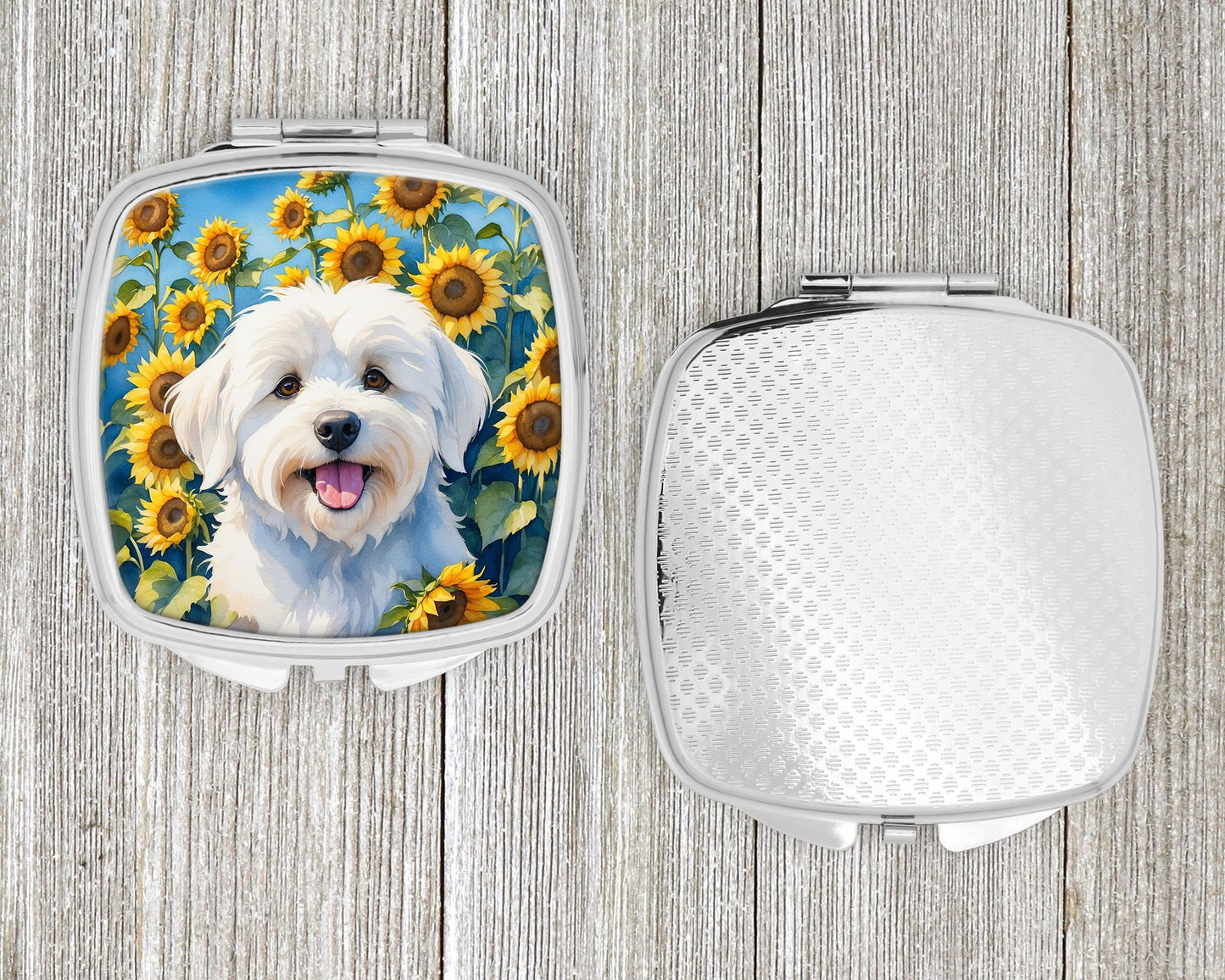 Coton de Tulear in Sunflowers Compact Mirror Decorative Travel Makeup Mirror for Women Girls Gifts Pocket Makeup Mirror Folding Handheld
