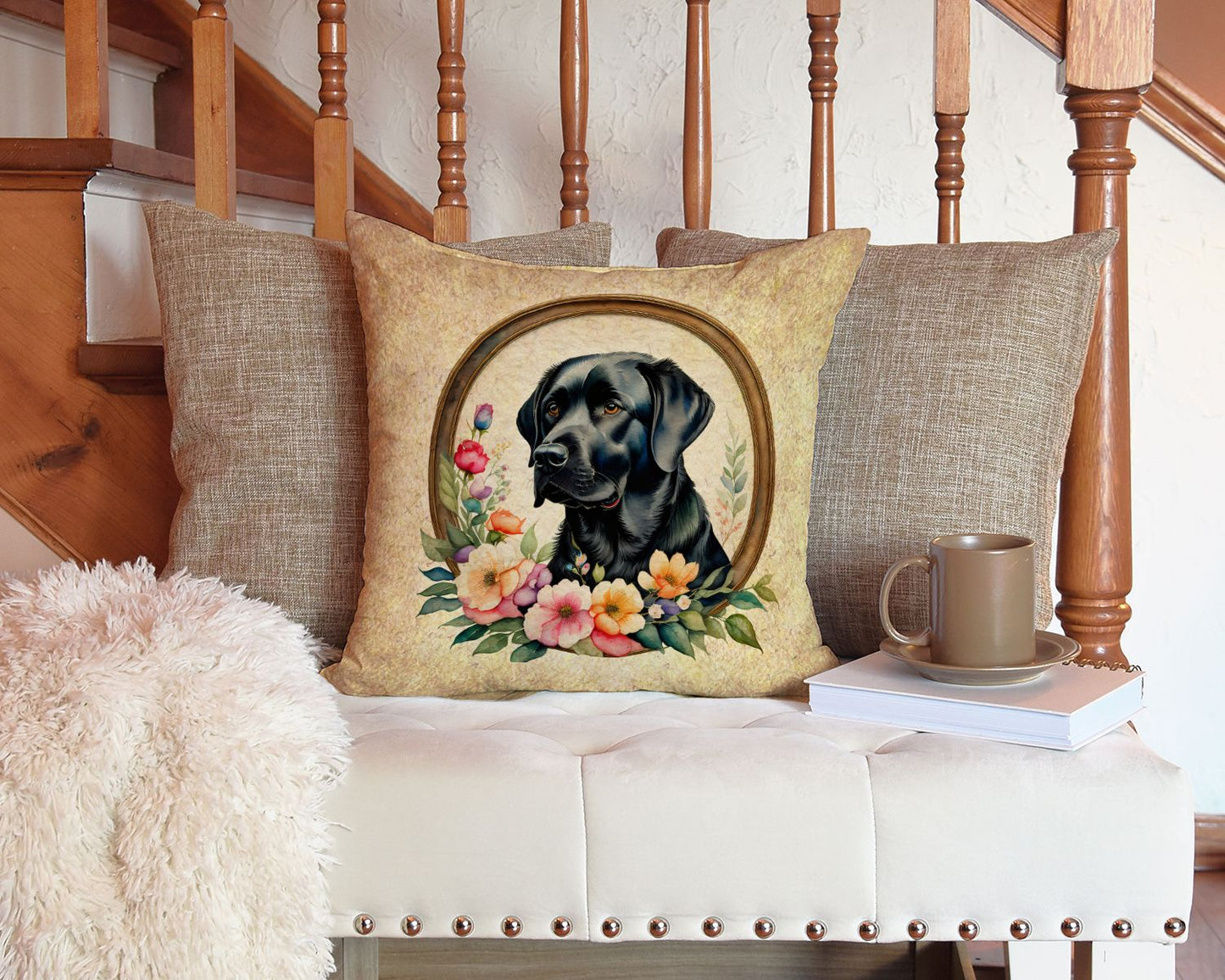 Black Labrador Retriever and Flowers Throw Pillow Machine Washable, Indoor Outdoor Decorative Pillow for Couch, Bed or Patio, 14Hx14W