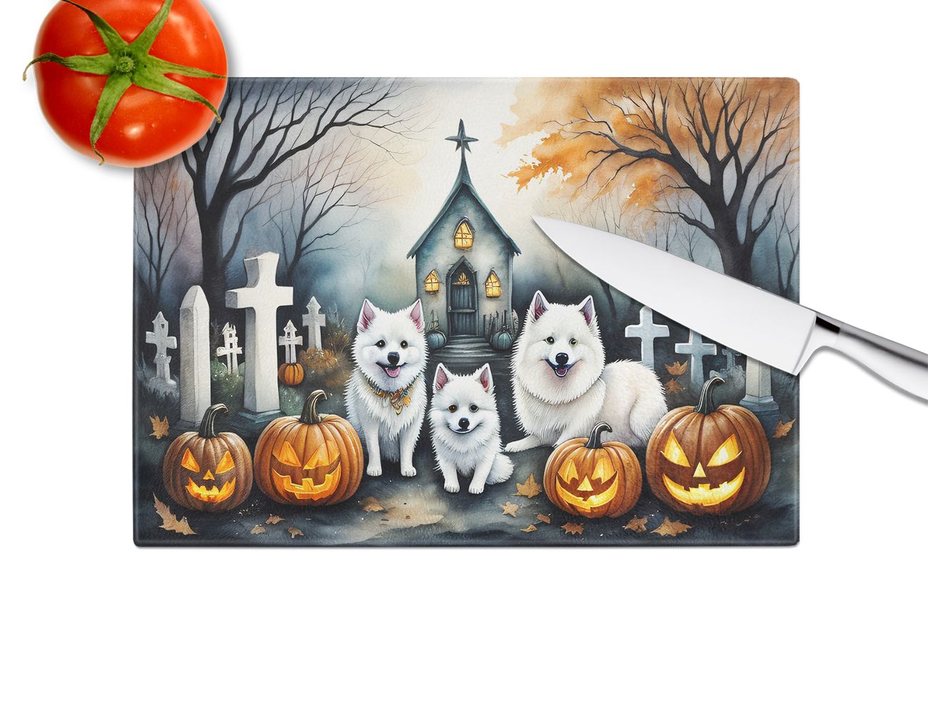 NEW American Eskimo Spooky Halloween Glass Cutting Board Decorative Tempered Glass Kitchen Cutting and Serving Board Large Size Chopping Board