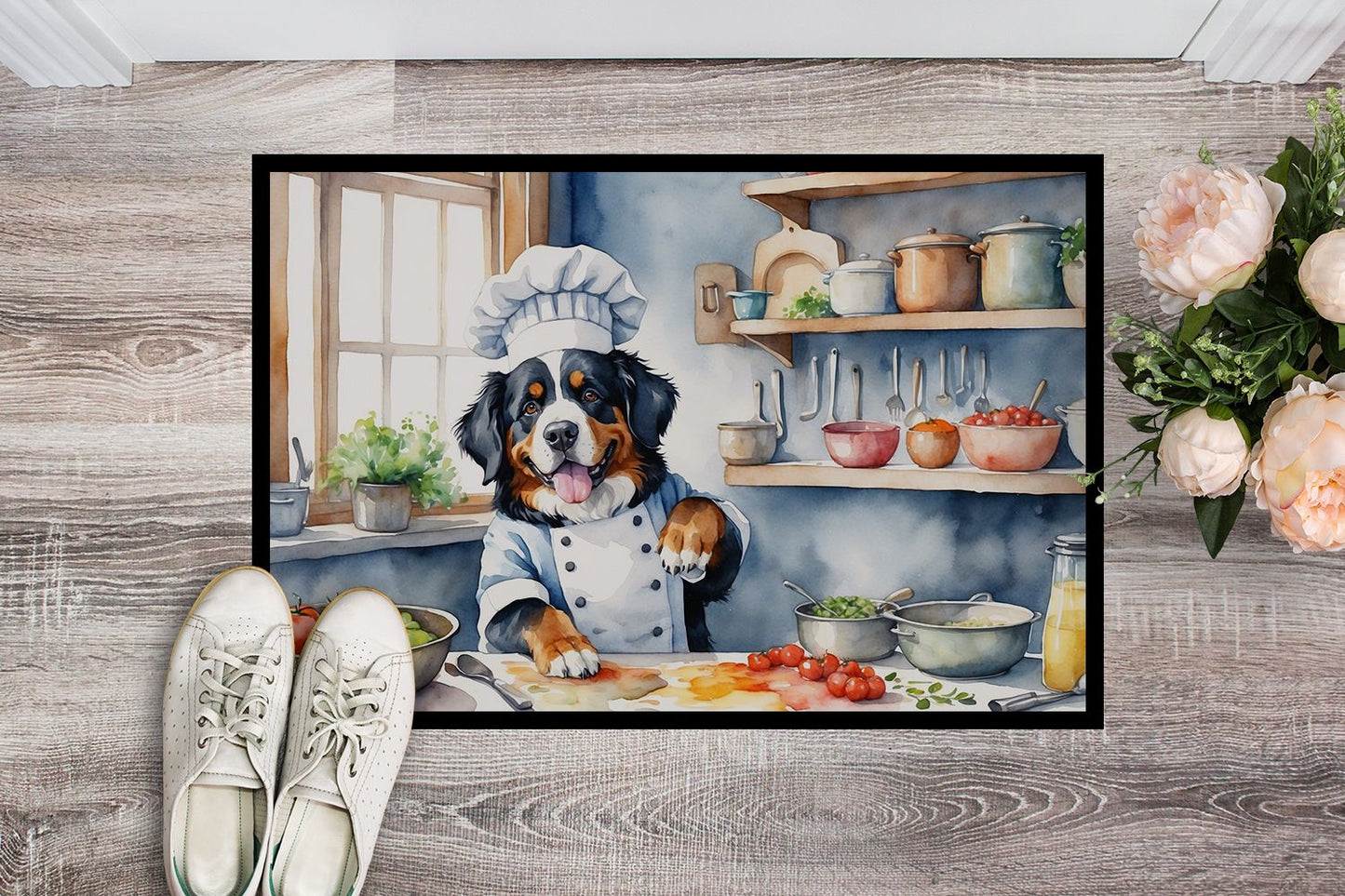 Bernese Mountain Dog The Chef Doormat Front Door Mat Indoor Outdoor Rugs for Entryway, Non Slip Washable Low Pile, 24H X 36W