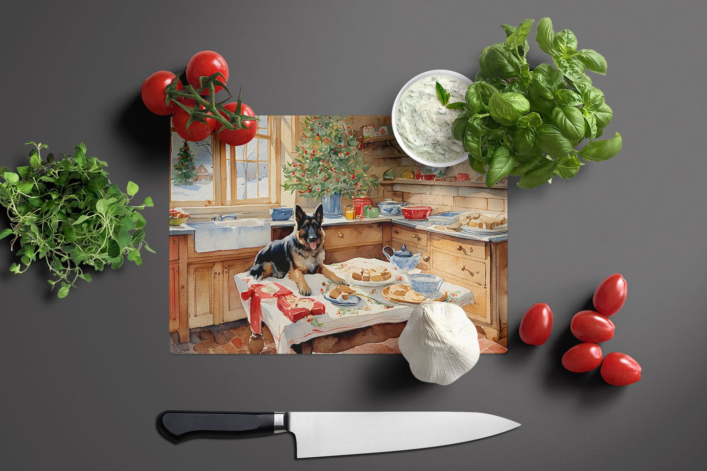 NEW German Shepherd Christmas Cookies Glass Cutting Board Decorative Tempered Glass Kitchen Cutting and Serving Board Large Size Chopping Board